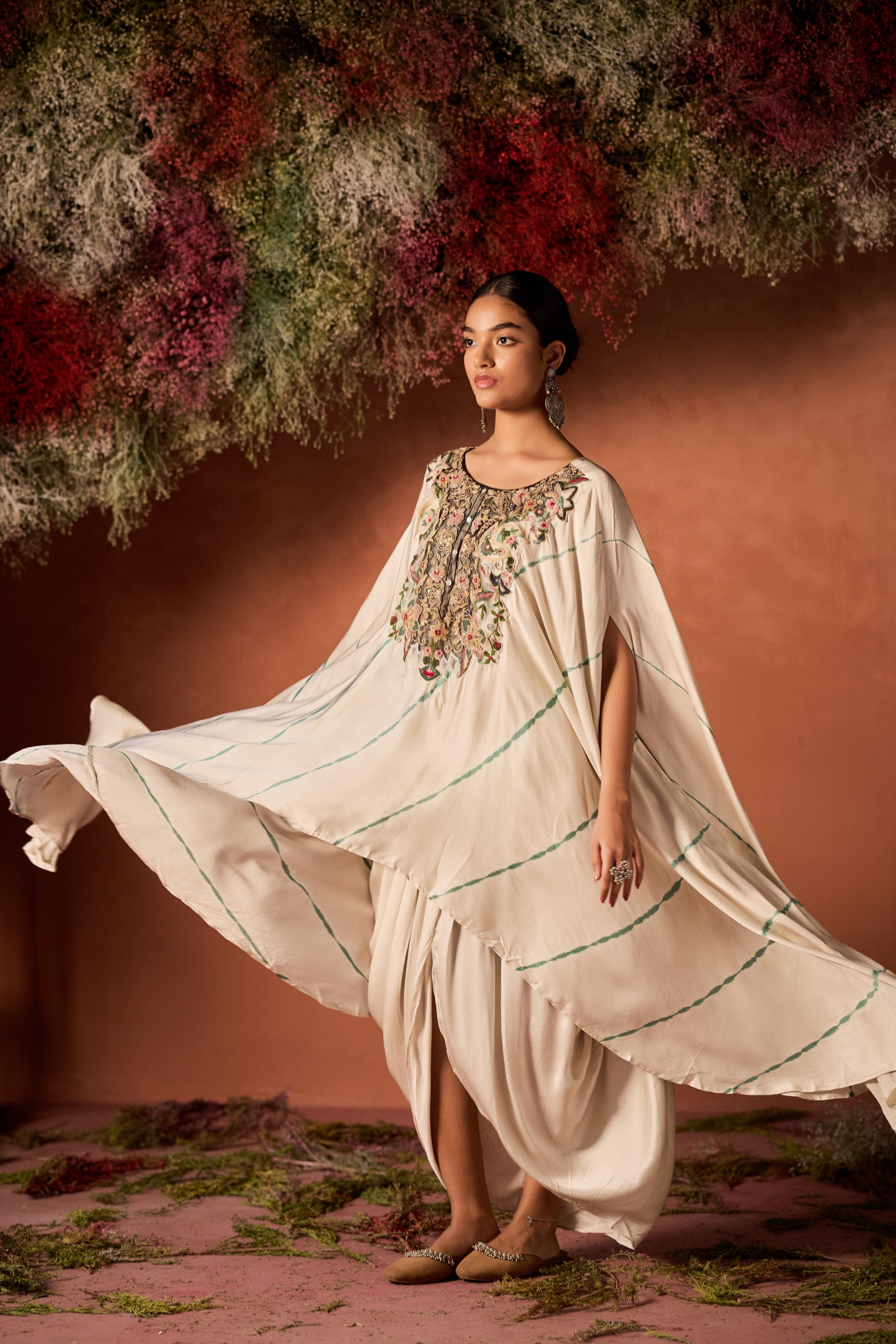 Ivory Embellished Satin Silk Kaftan Set