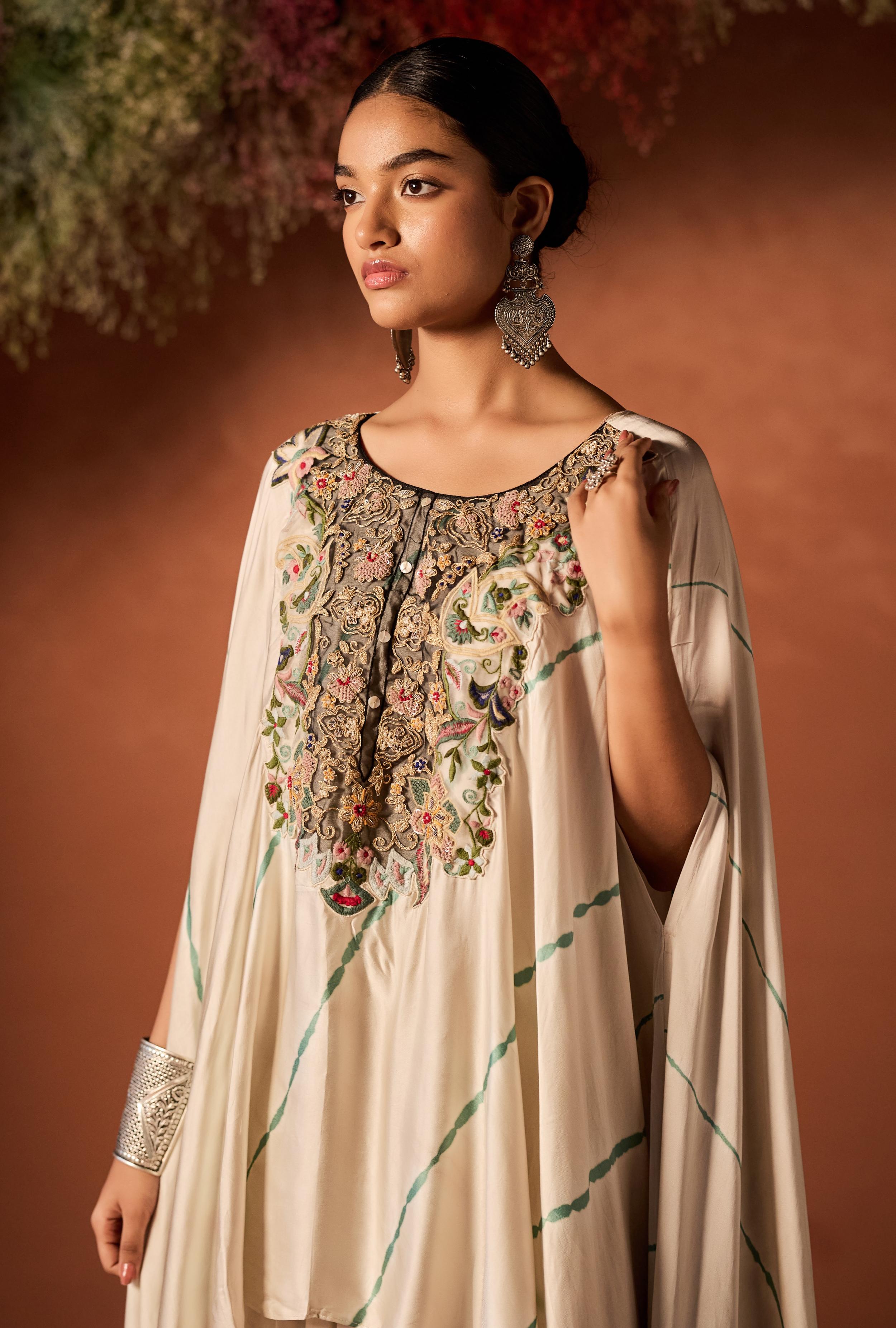 Ivory Embellished Satin Silk Kaftan Set