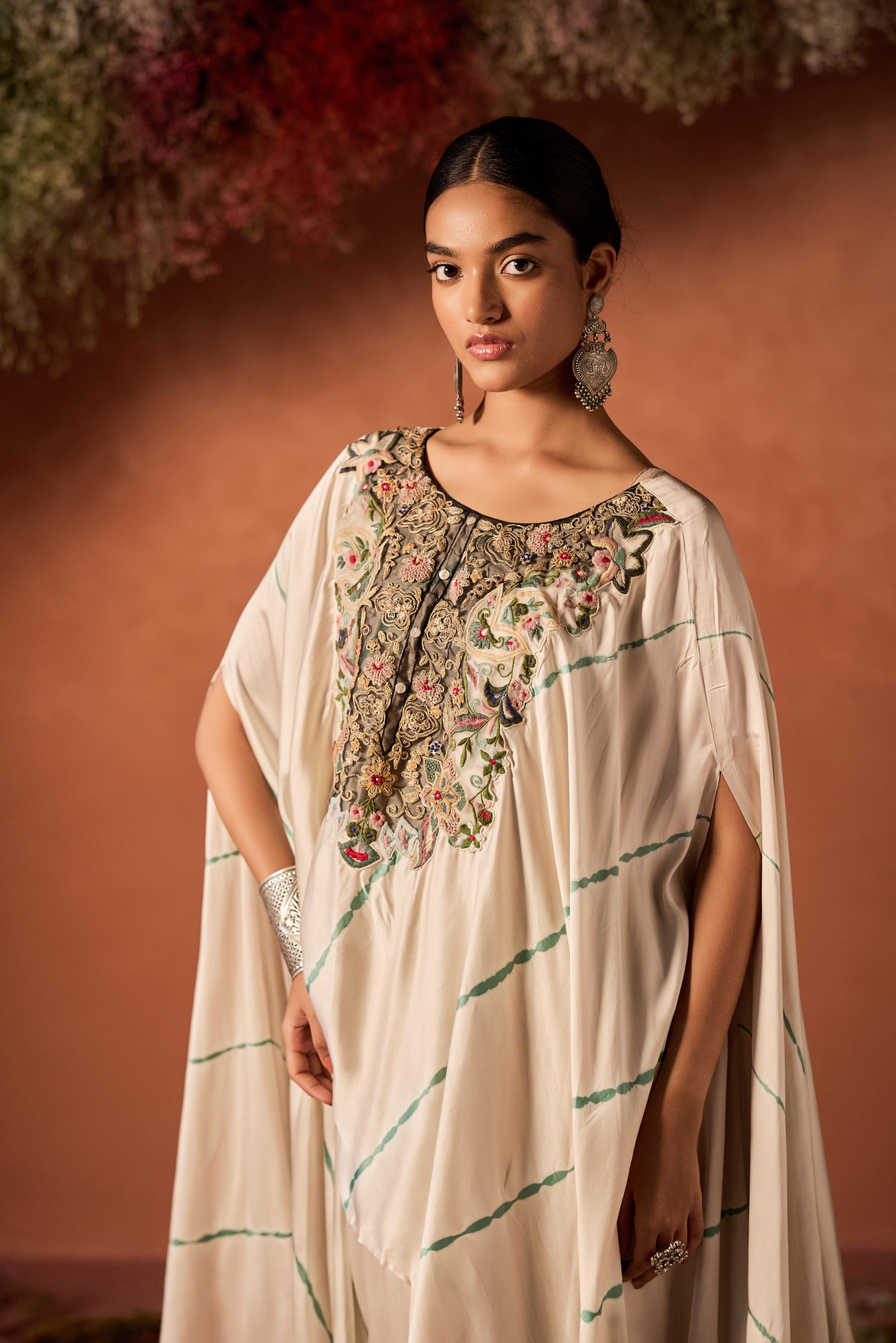 Ivory Embellished Satin Silk Kaftan Set