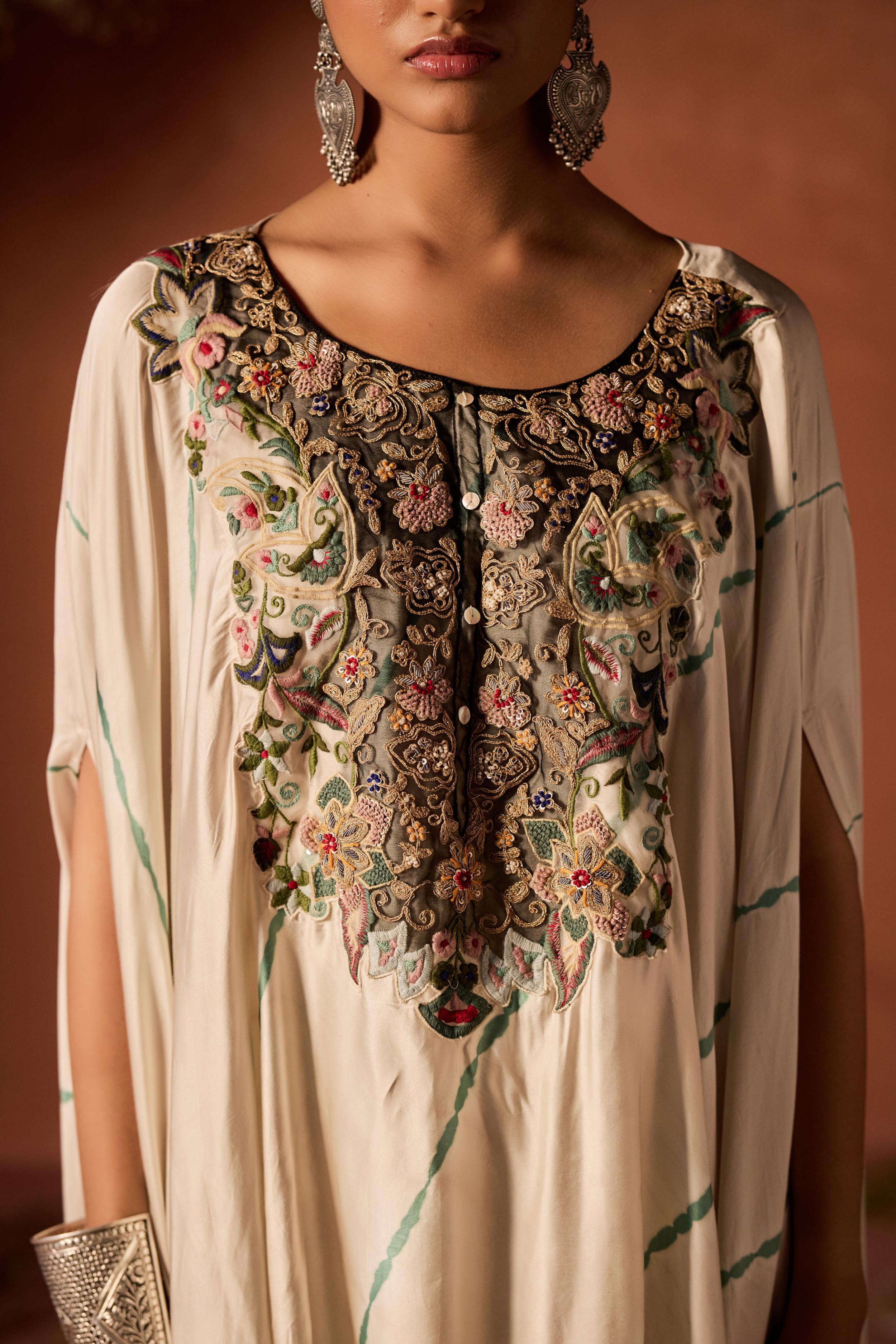 Ivory Embellished Satin Silk Kaftan Set