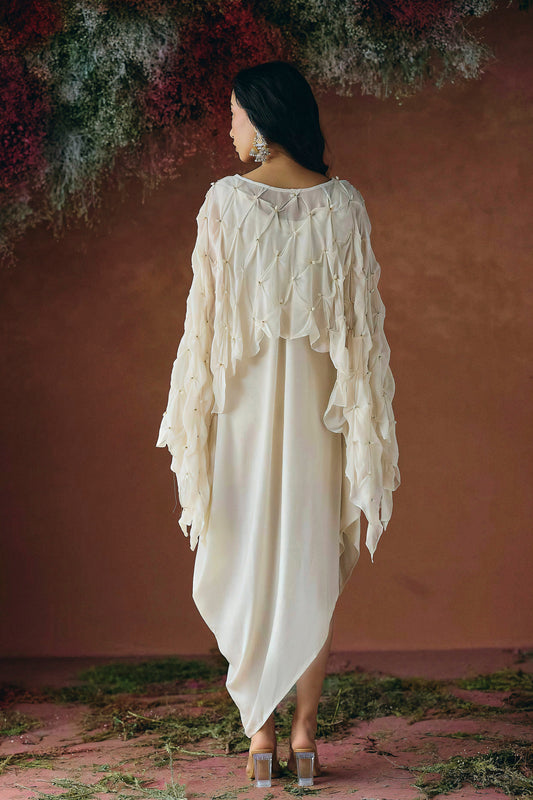 Warm Ivory Embellished Georgette Silk Dress