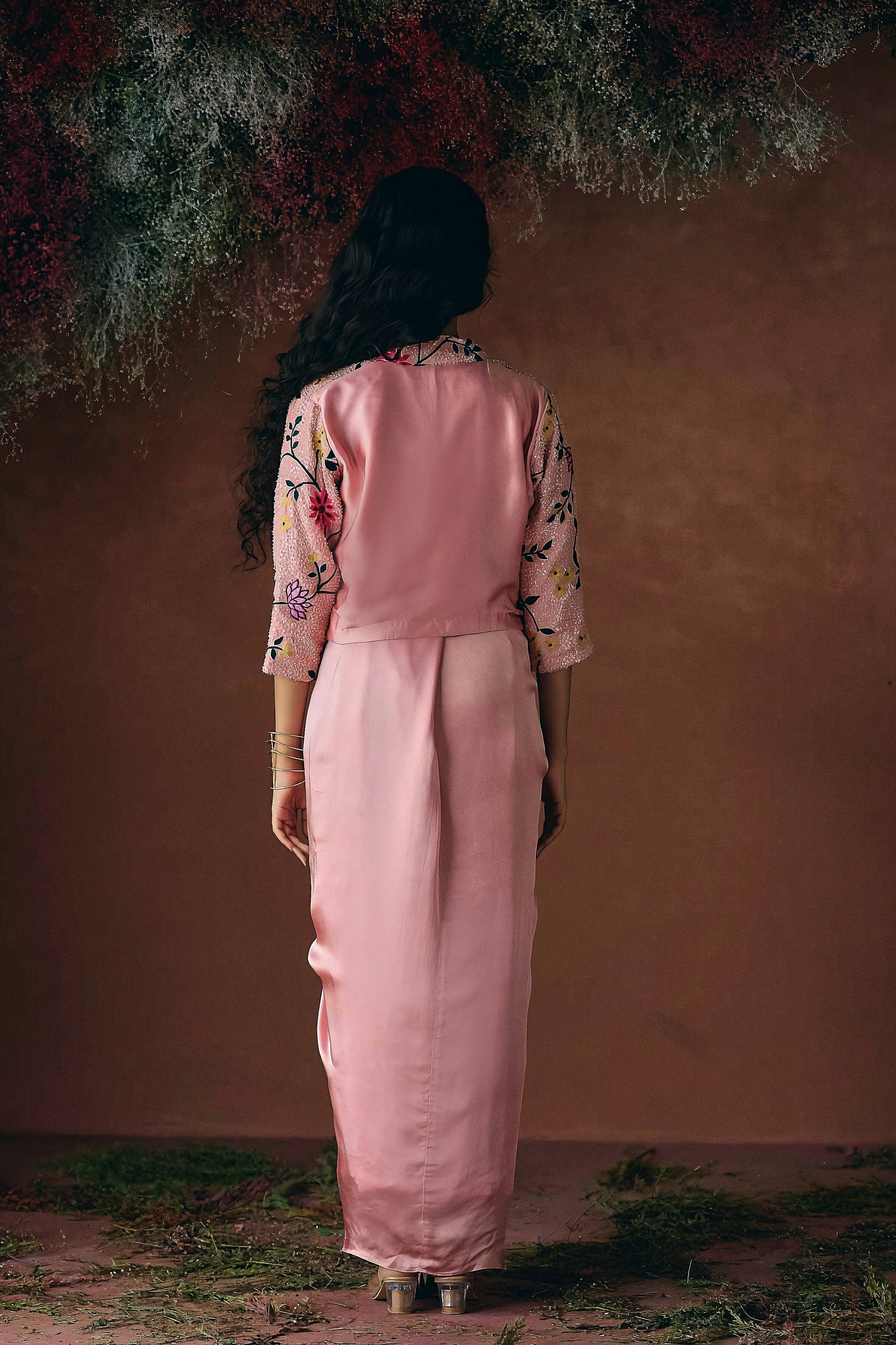 Dusty Rose Pink Embellished Satin Silk Skirt Set