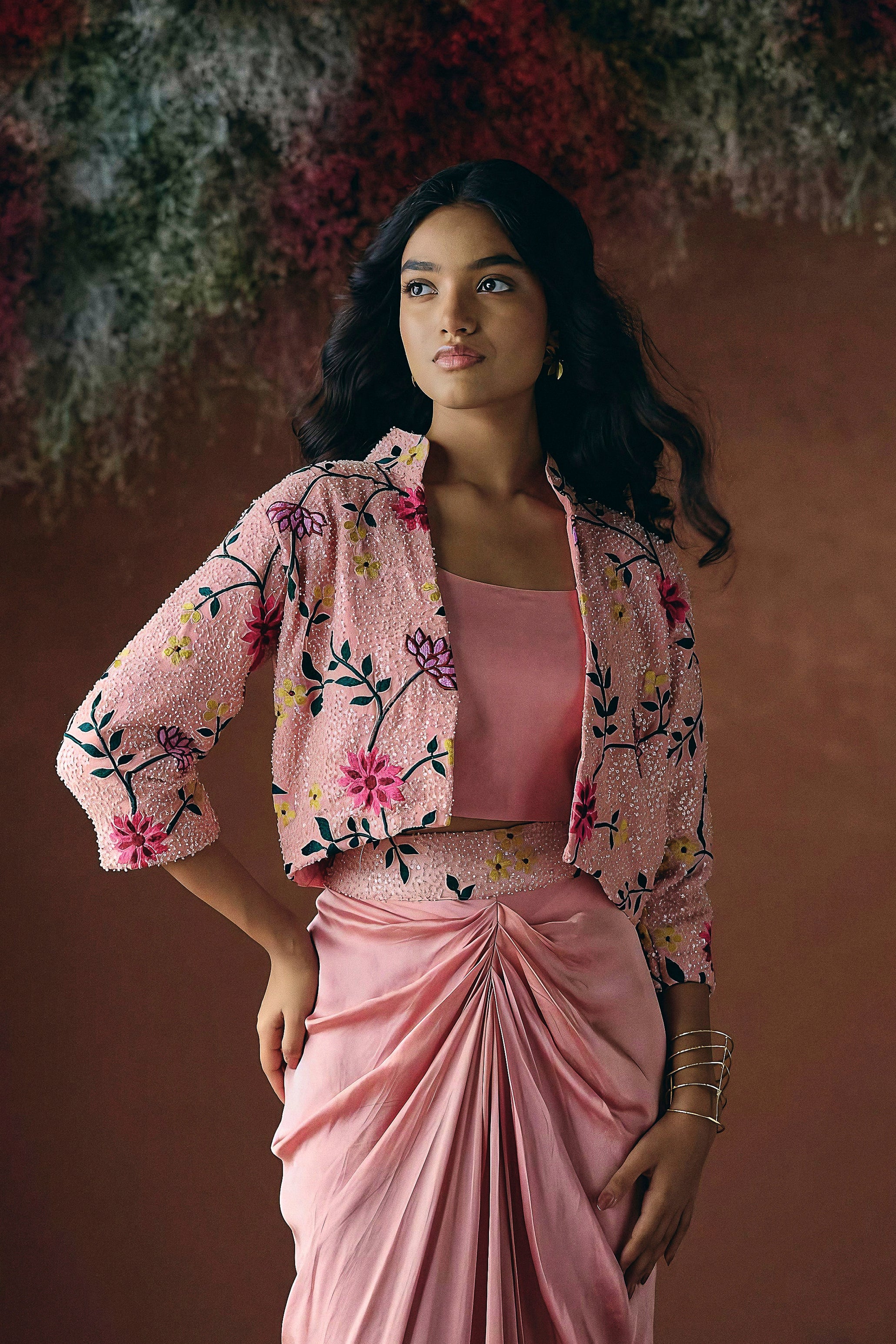 Dusty Rose Pink Embellished Satin Silk Skirt Set