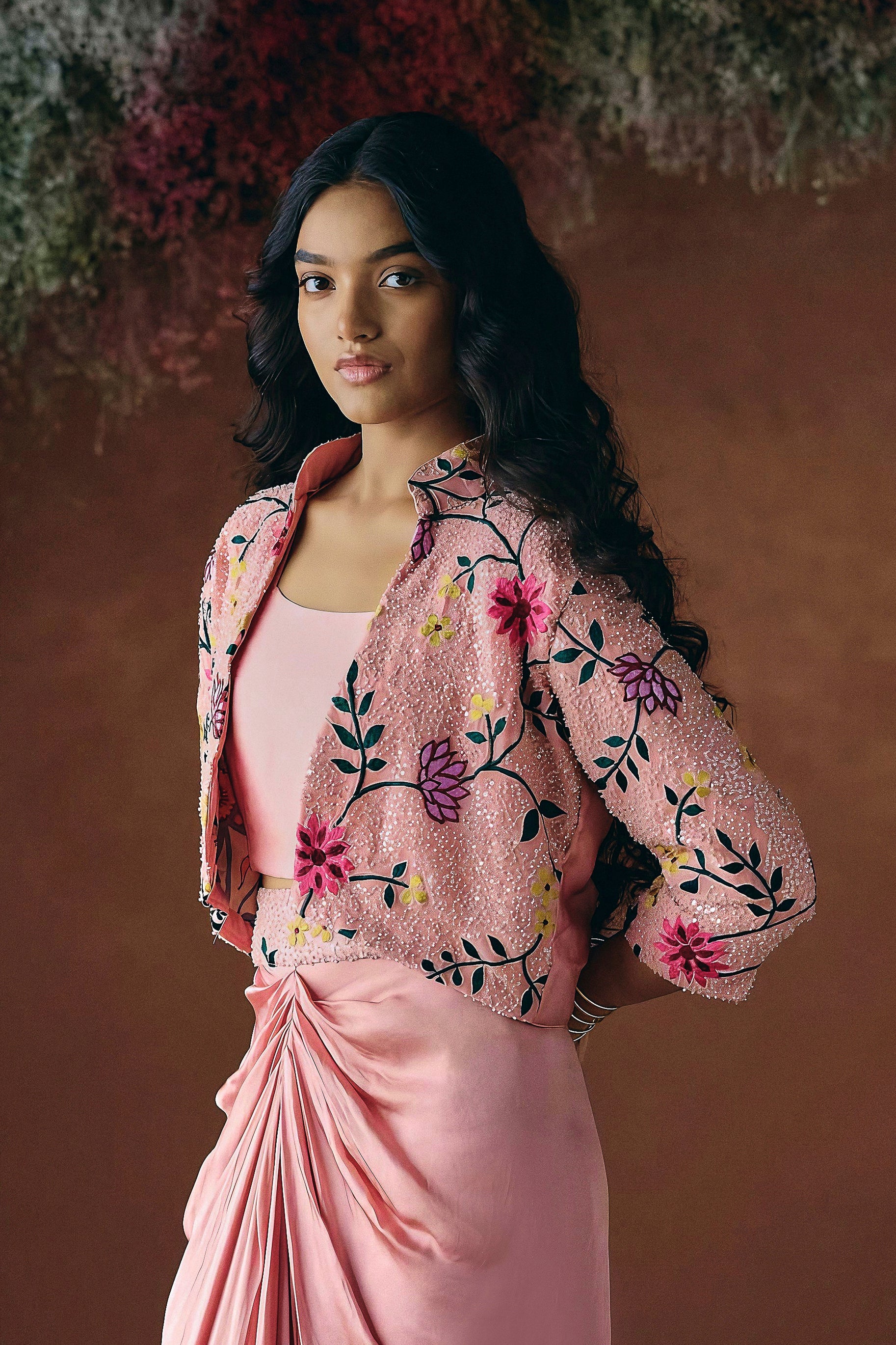 Dusty Rose Pink Embellished Satin Silk Skirt Set