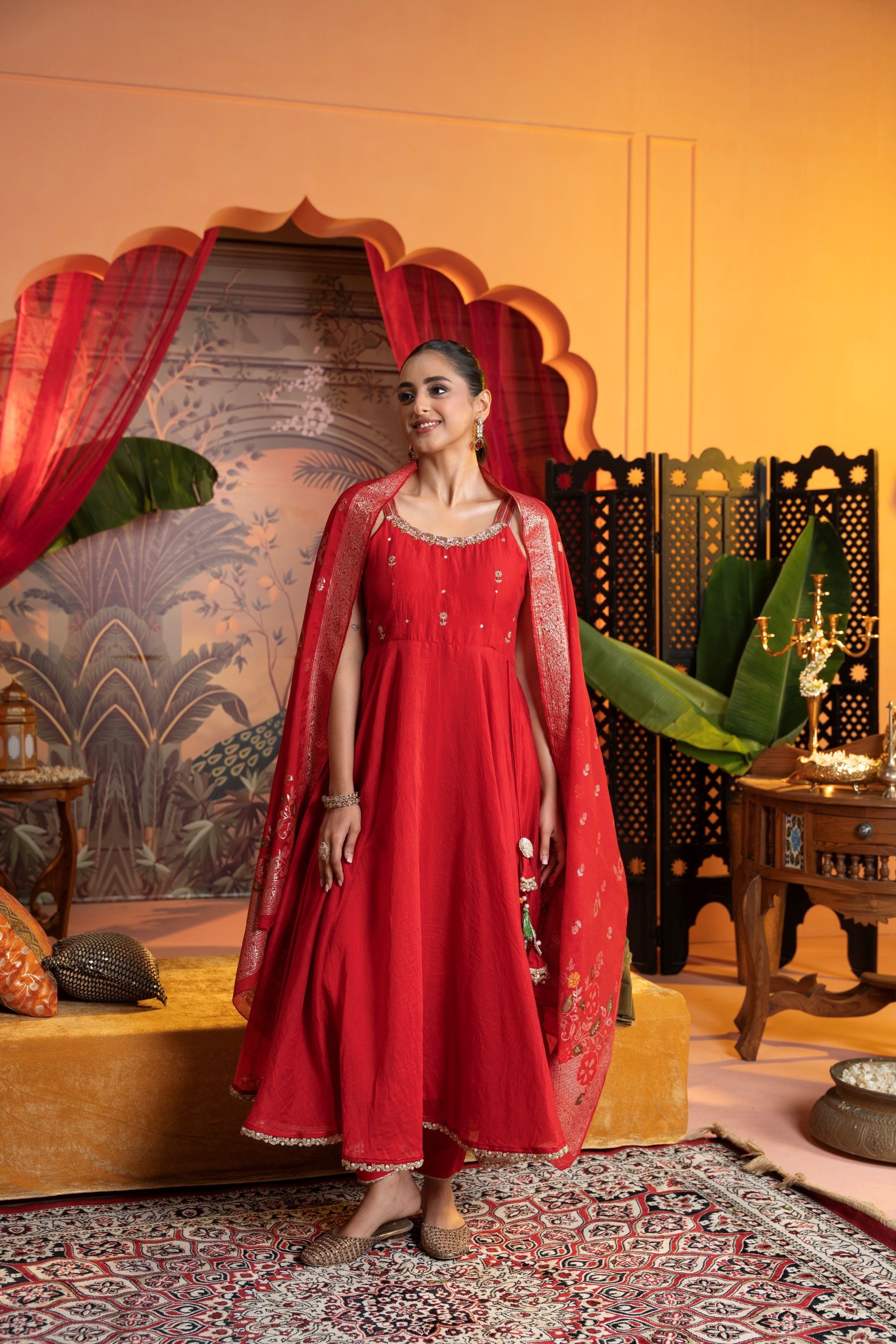 Bright Red Embellished Crepe Silk Anarkali Set