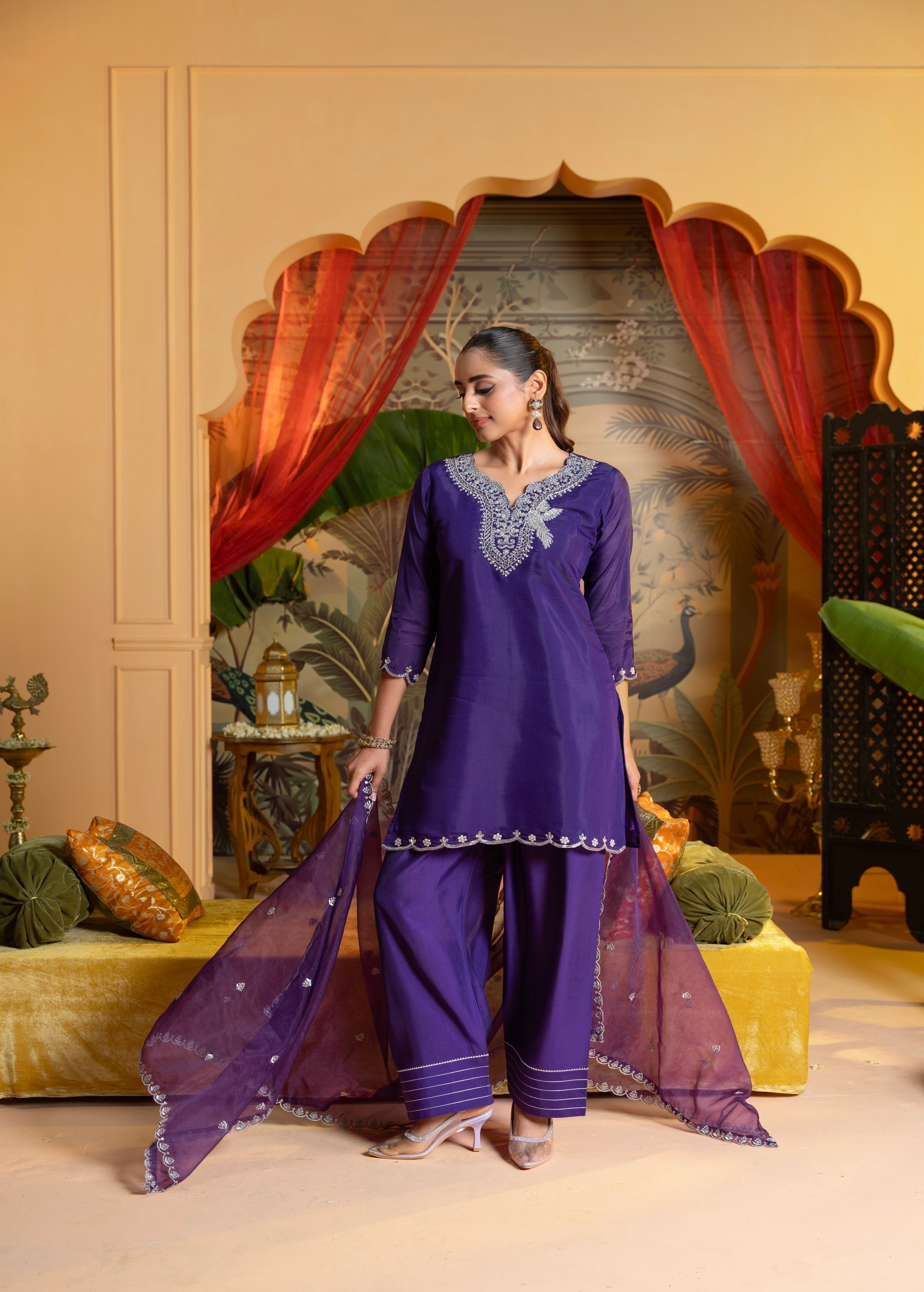 Vivid Violet Embellished Crepe Silk Pant Set