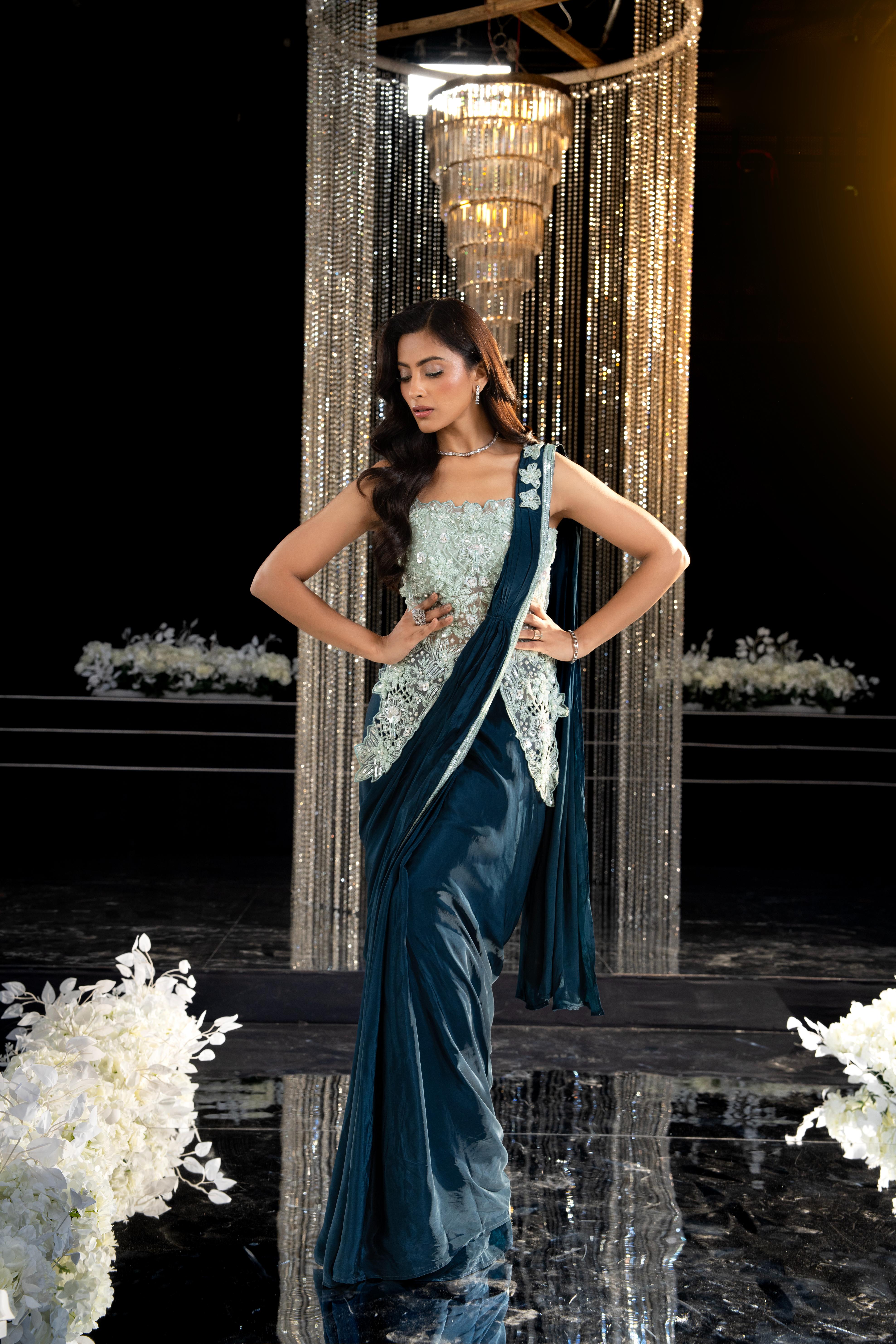 Navy Teal Embellished Crepe Silk Draped Saree
