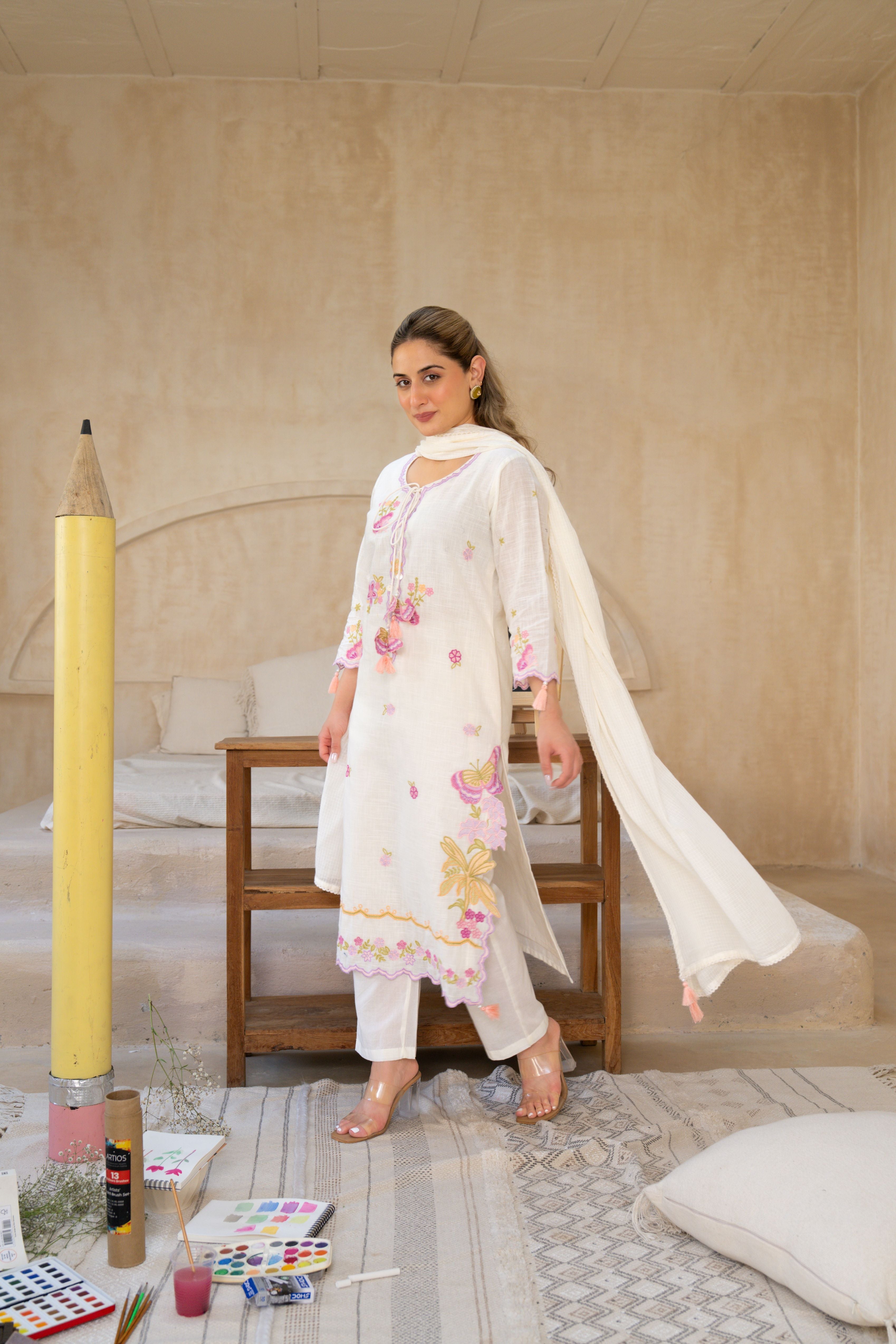Vanilla Bloom Embroidered Cotton Pant Set