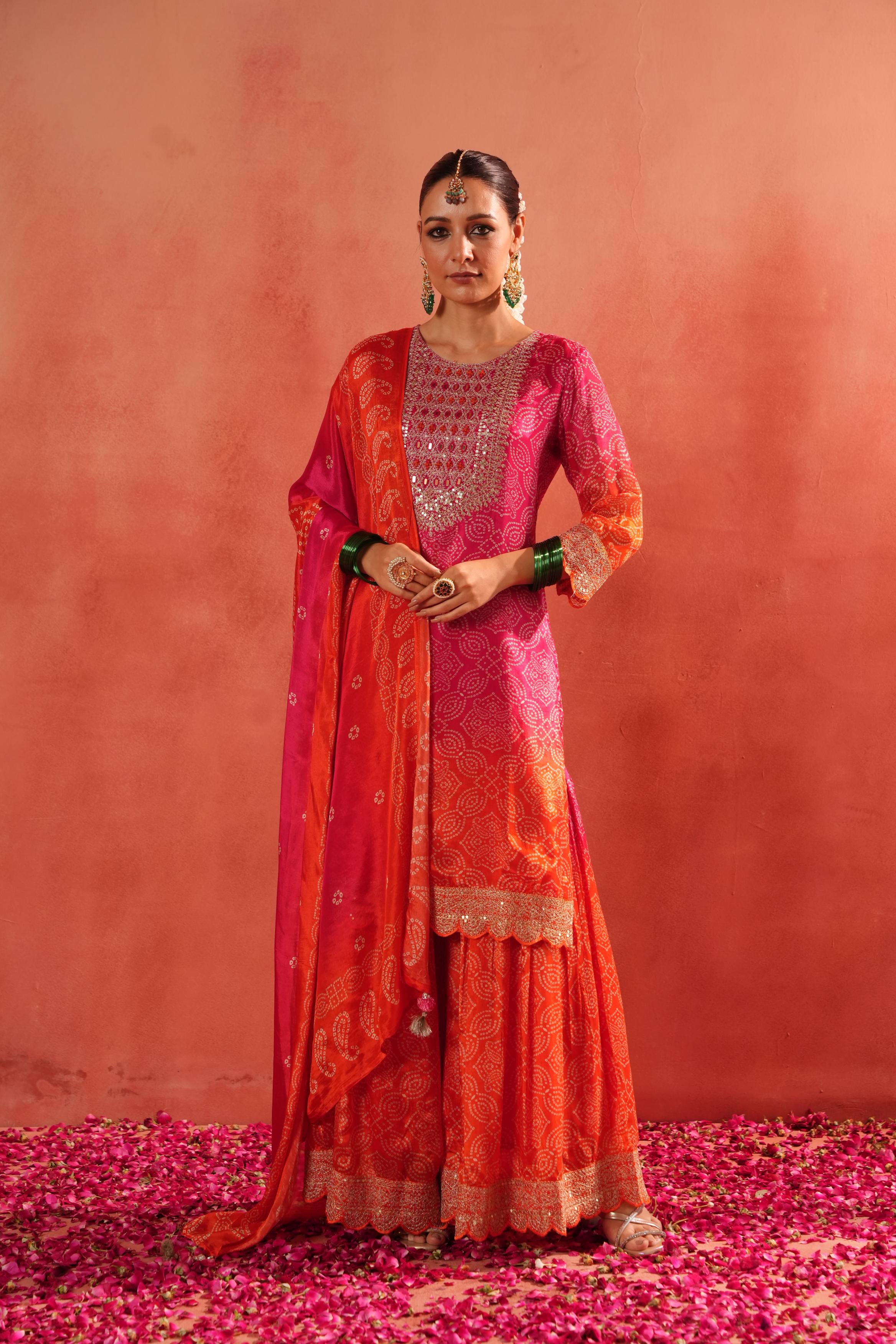 Pink Bandhej Ombre Dyed German Silk Sharara Set