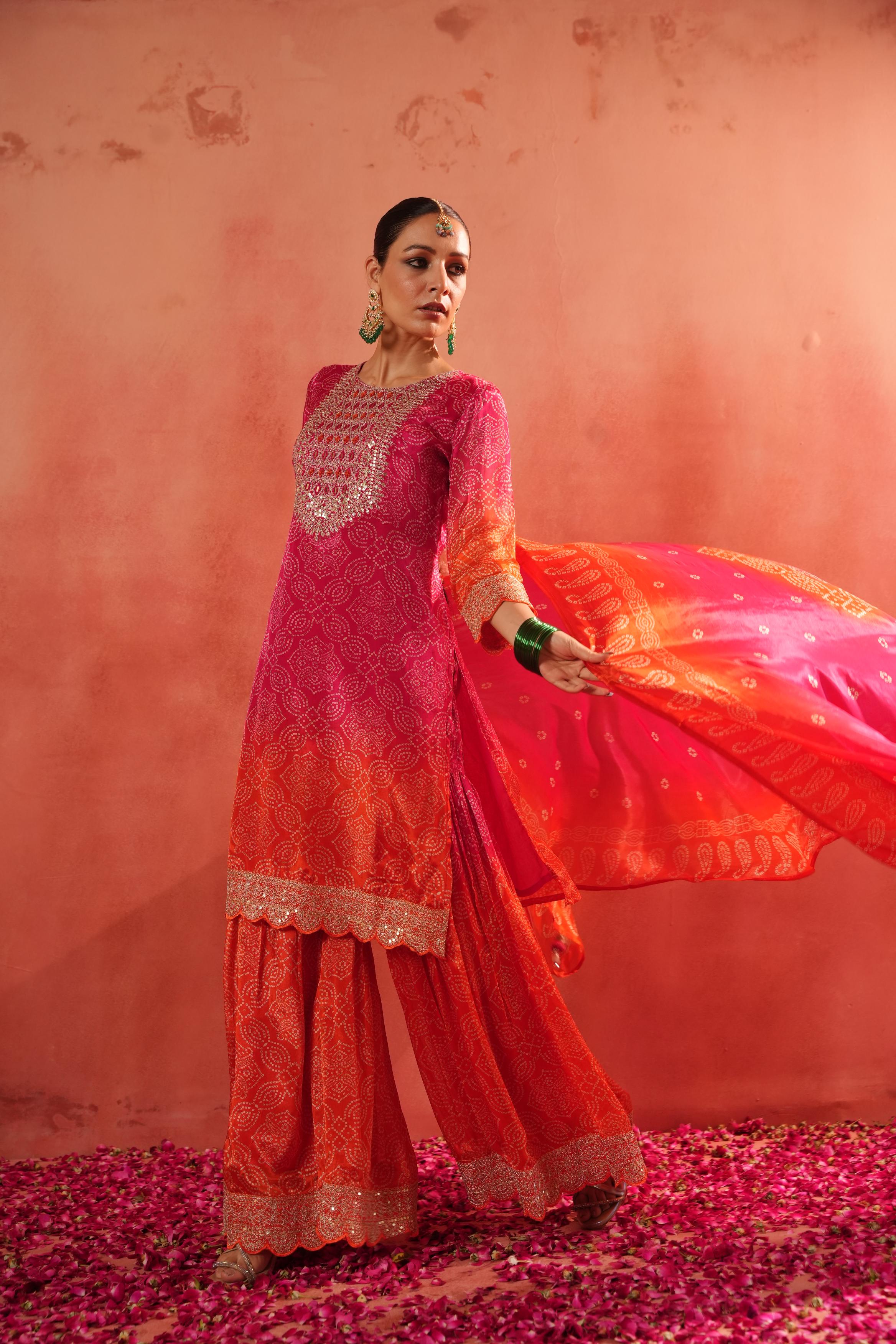 Pink Bandhej Ombre Dyed German Silk Sharara Set
