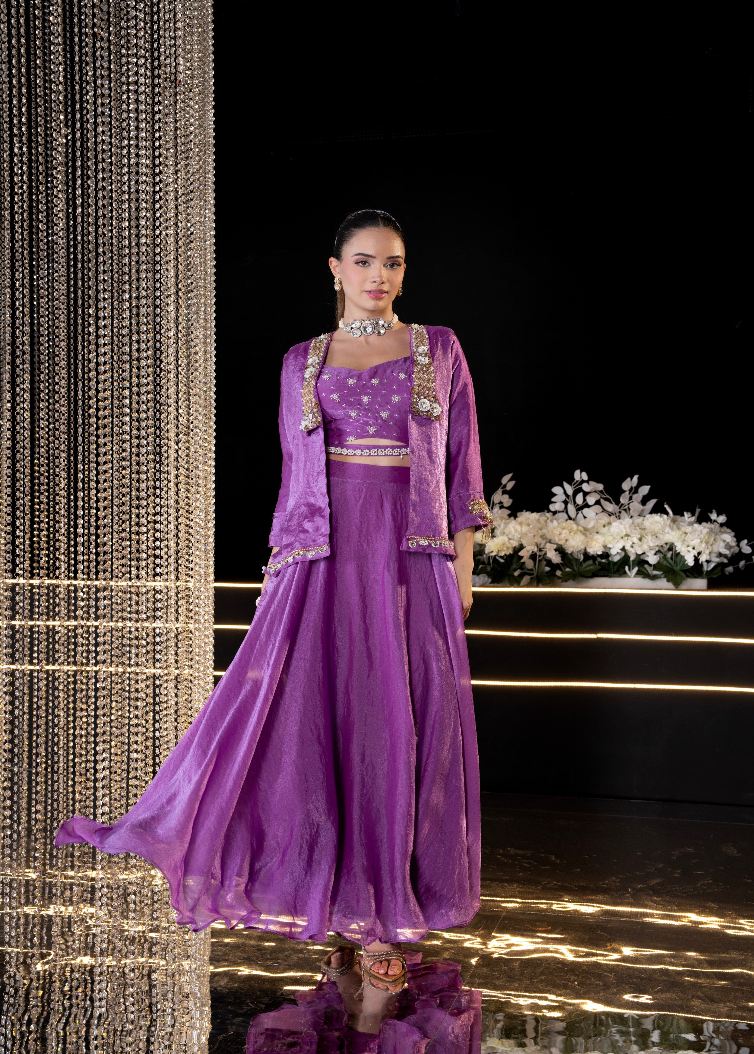 Mauve Embellished Shimmer Silk Jacket Set