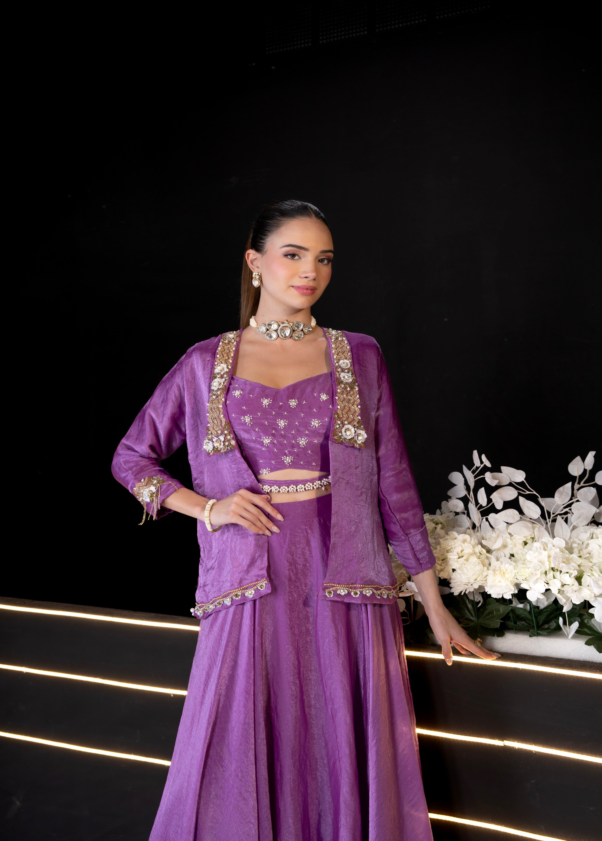 Mauve Embellished Shimmer Silk Jacket Set