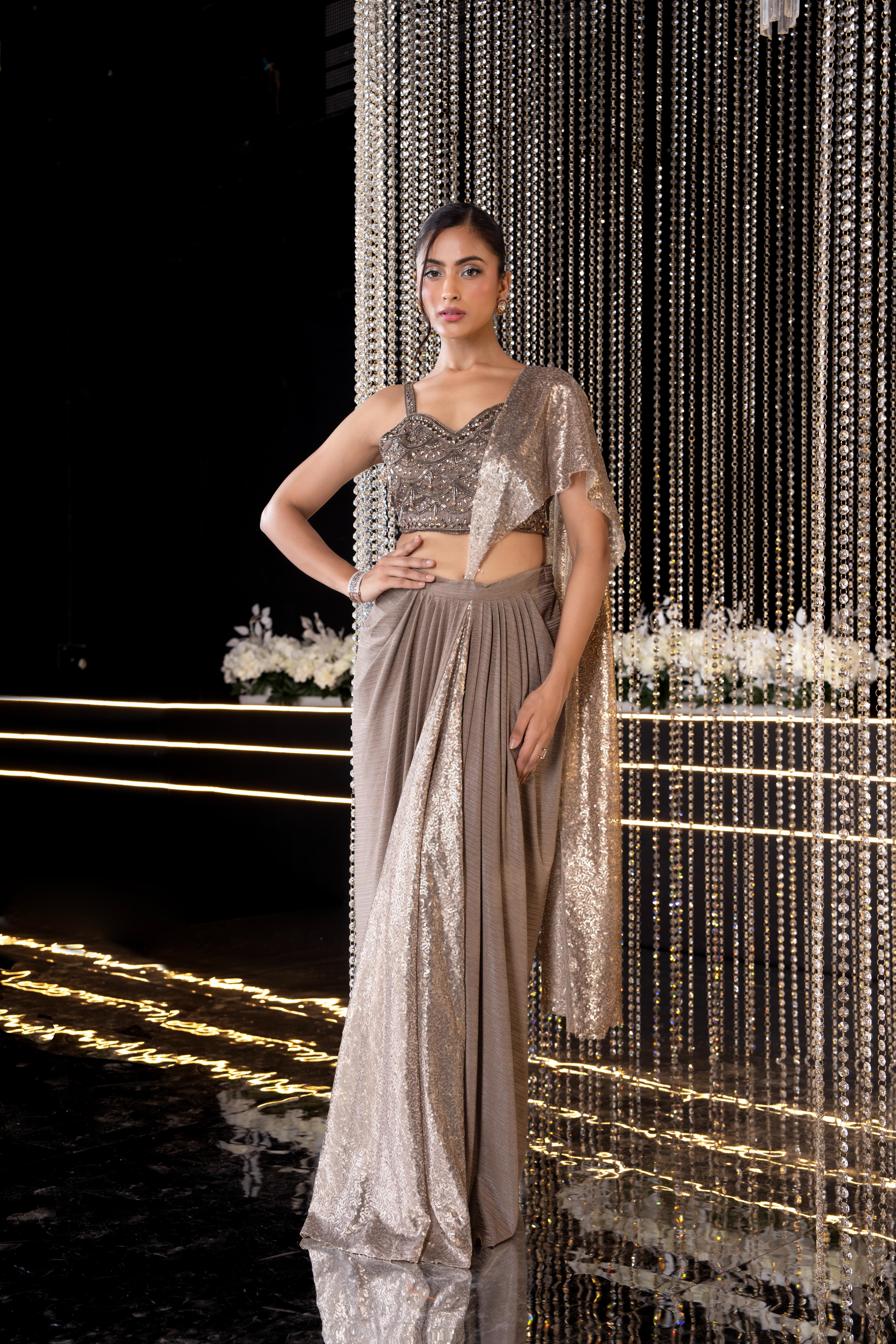 Antique Brown Embellished Imported Fabric Pre-Draped Saree