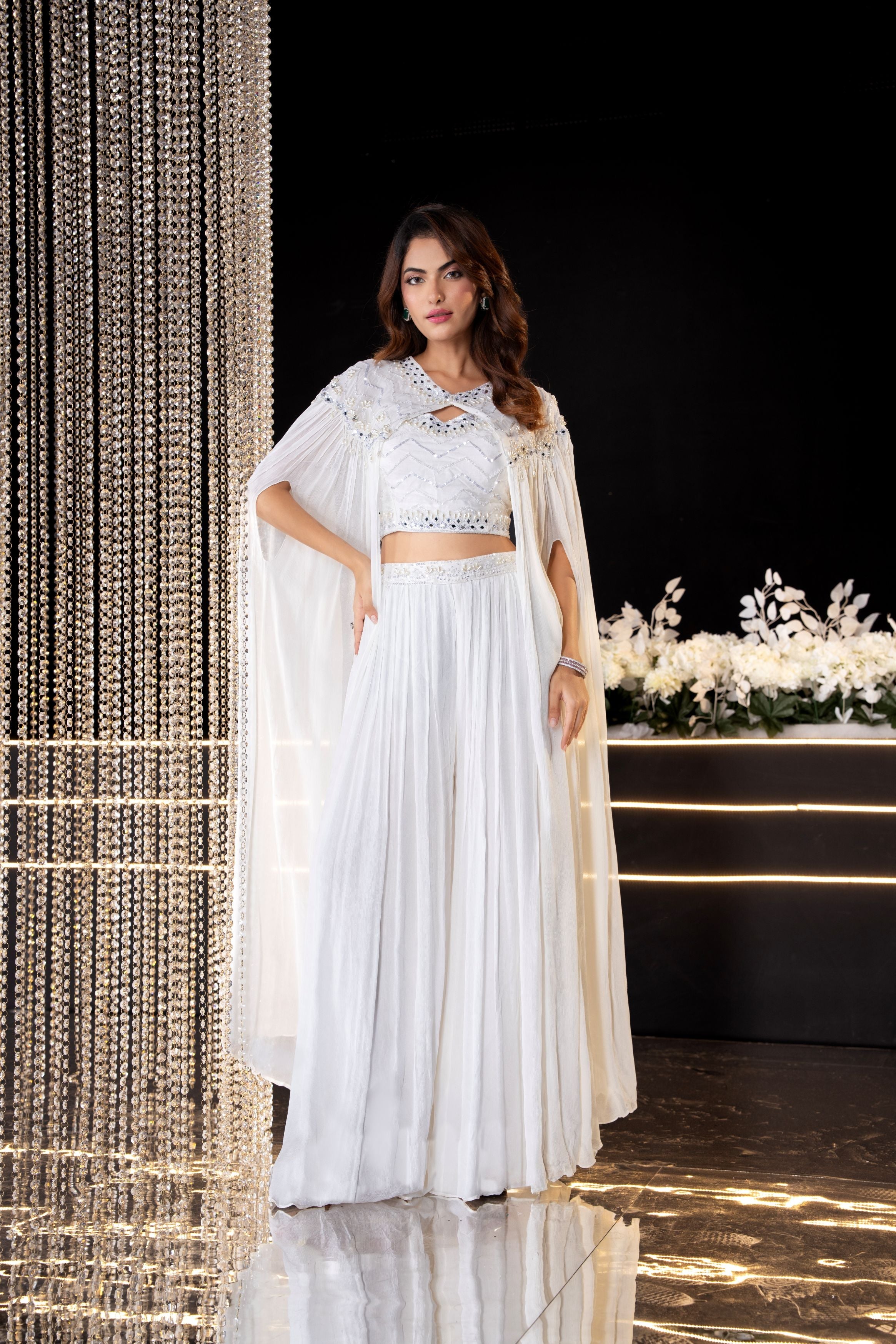 Tissue White Embellished Chinon Silk Cape Set