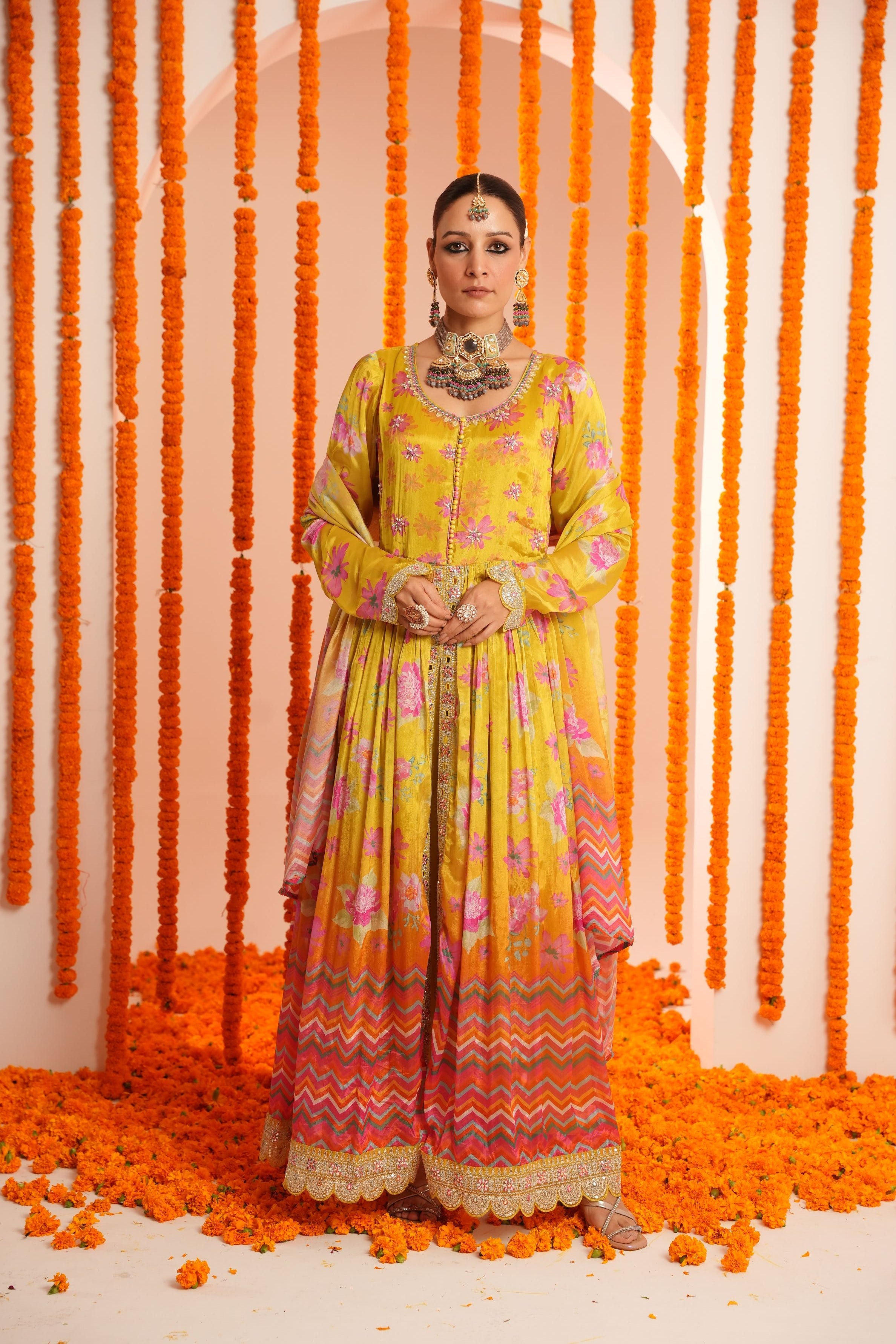 Pear Green Floral Printed Italian Silk Anarkali Set