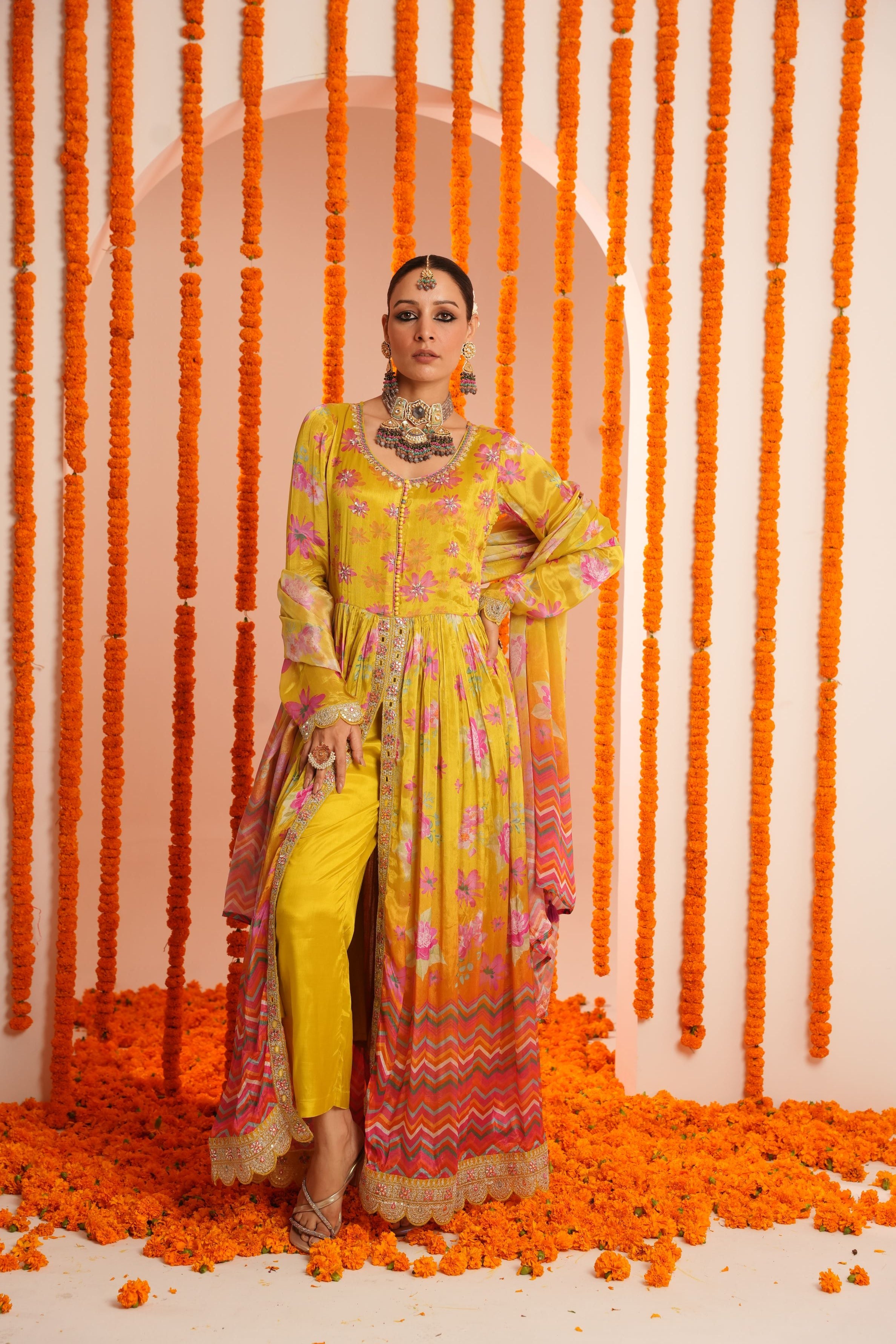 Pear Green Floral Printed Italian Silk Anarkali Set