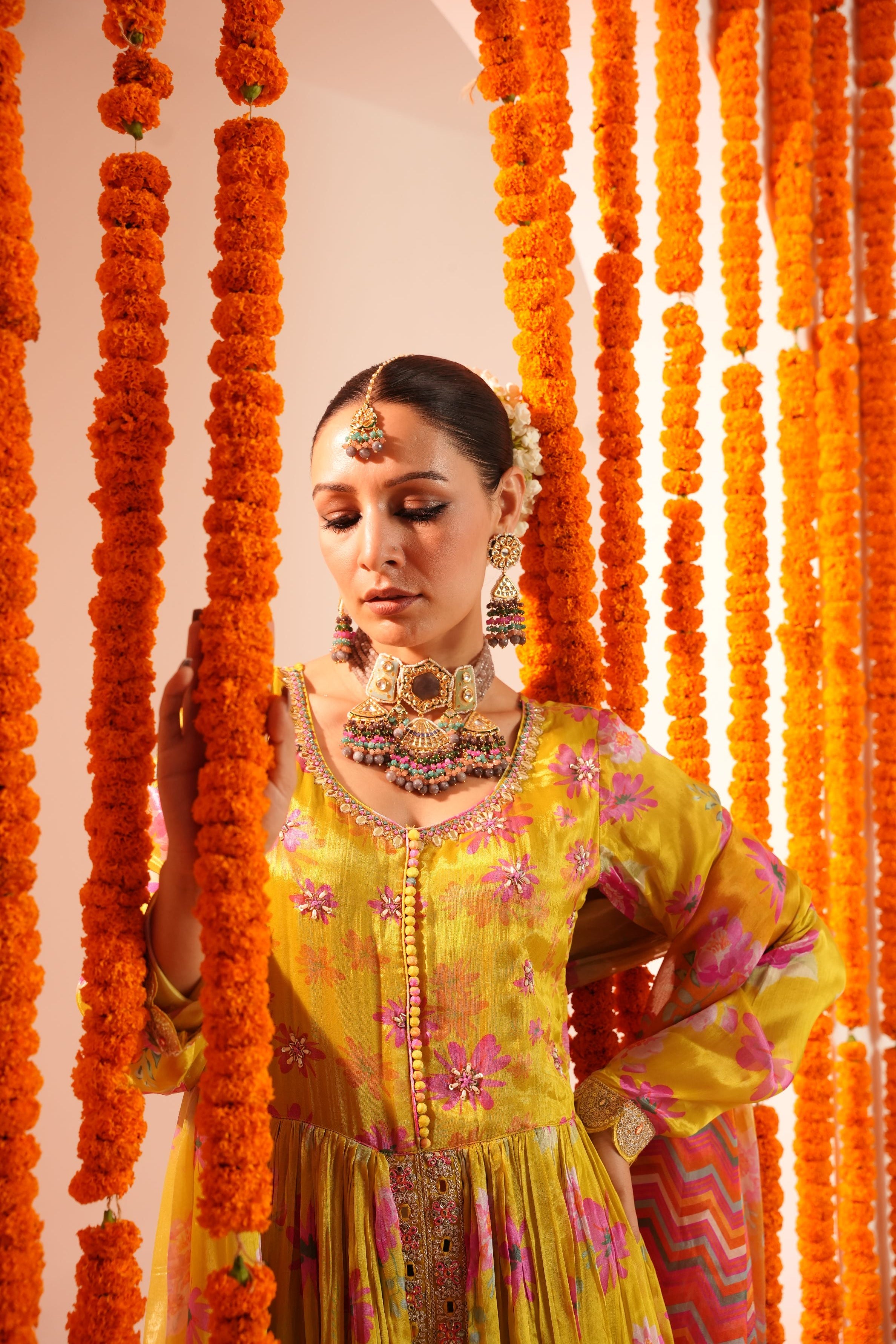 Pear Green Floral Printed Italian Silk Anarkali Set
