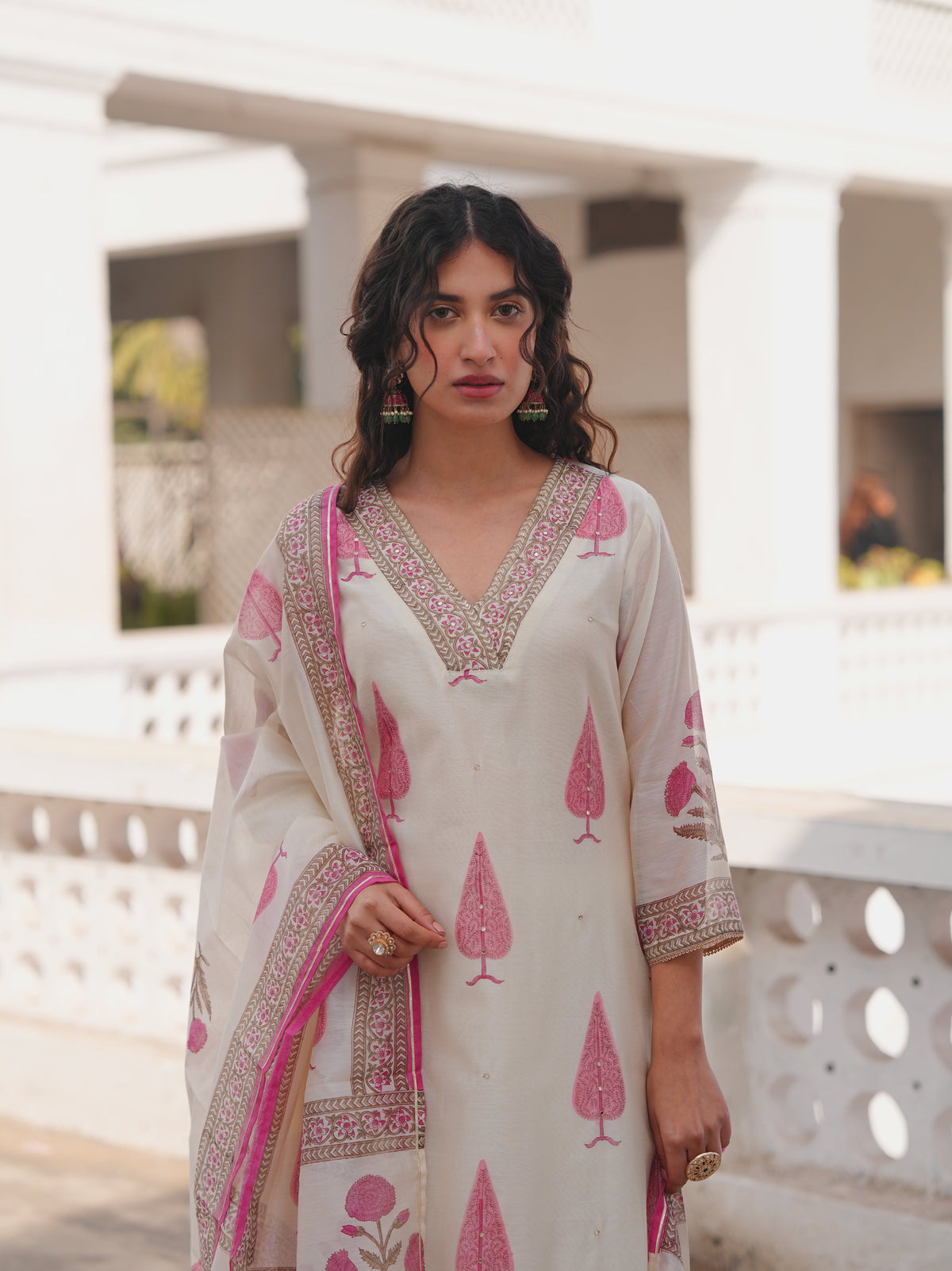 Pink Printed Chanderi Silk Pant Set