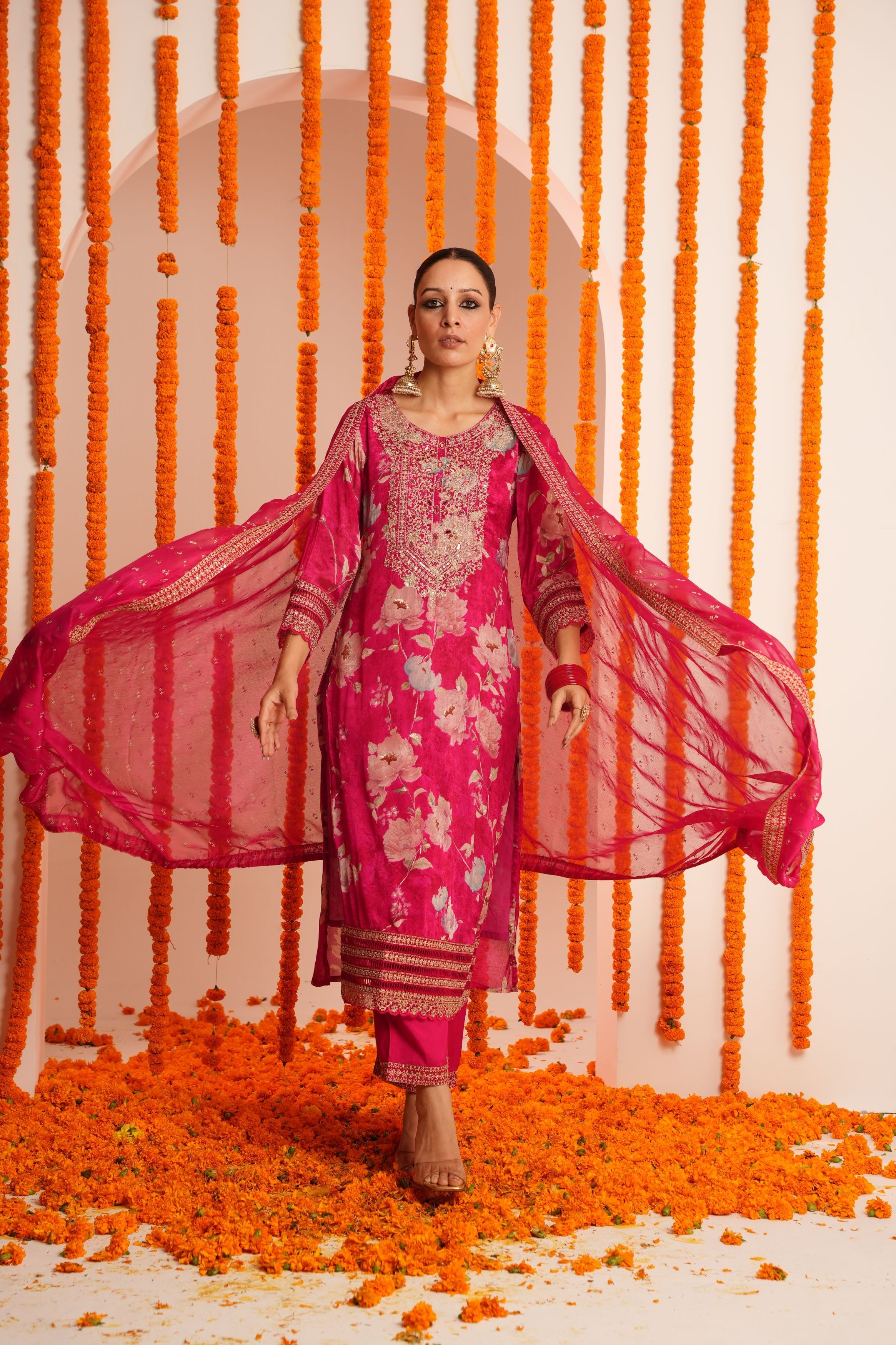 Pink Floral Printed Chinon Silk Pants Set