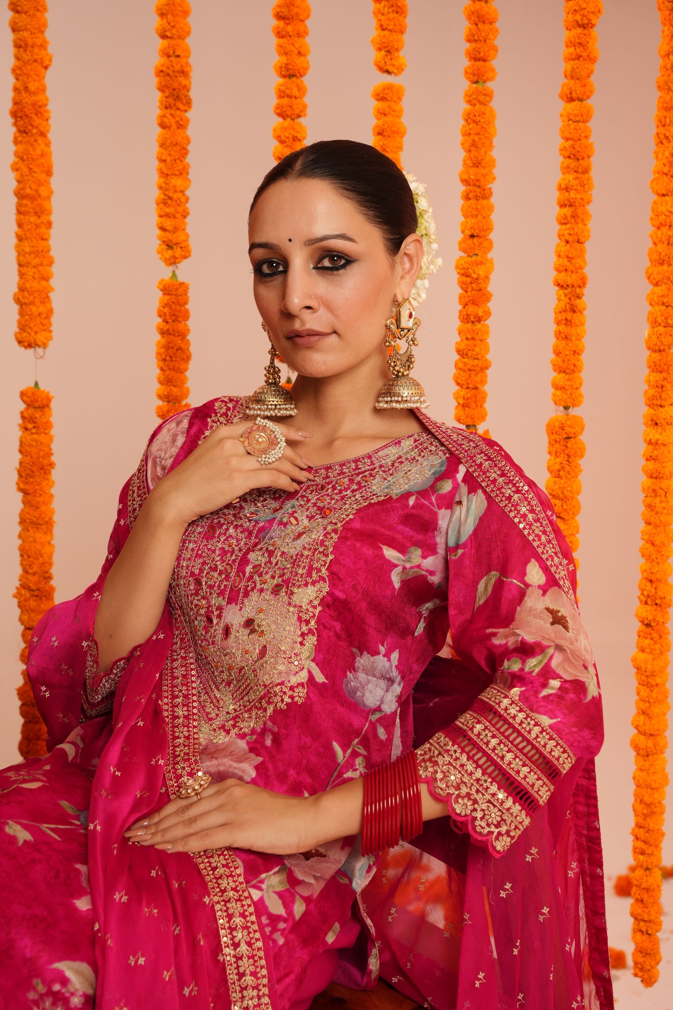 Pink Floral Printed Chinon Silk Pants Set