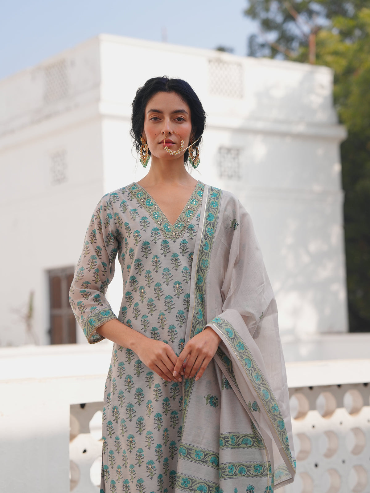 Pearl Grey Printed Chanderi Silk Pant Set