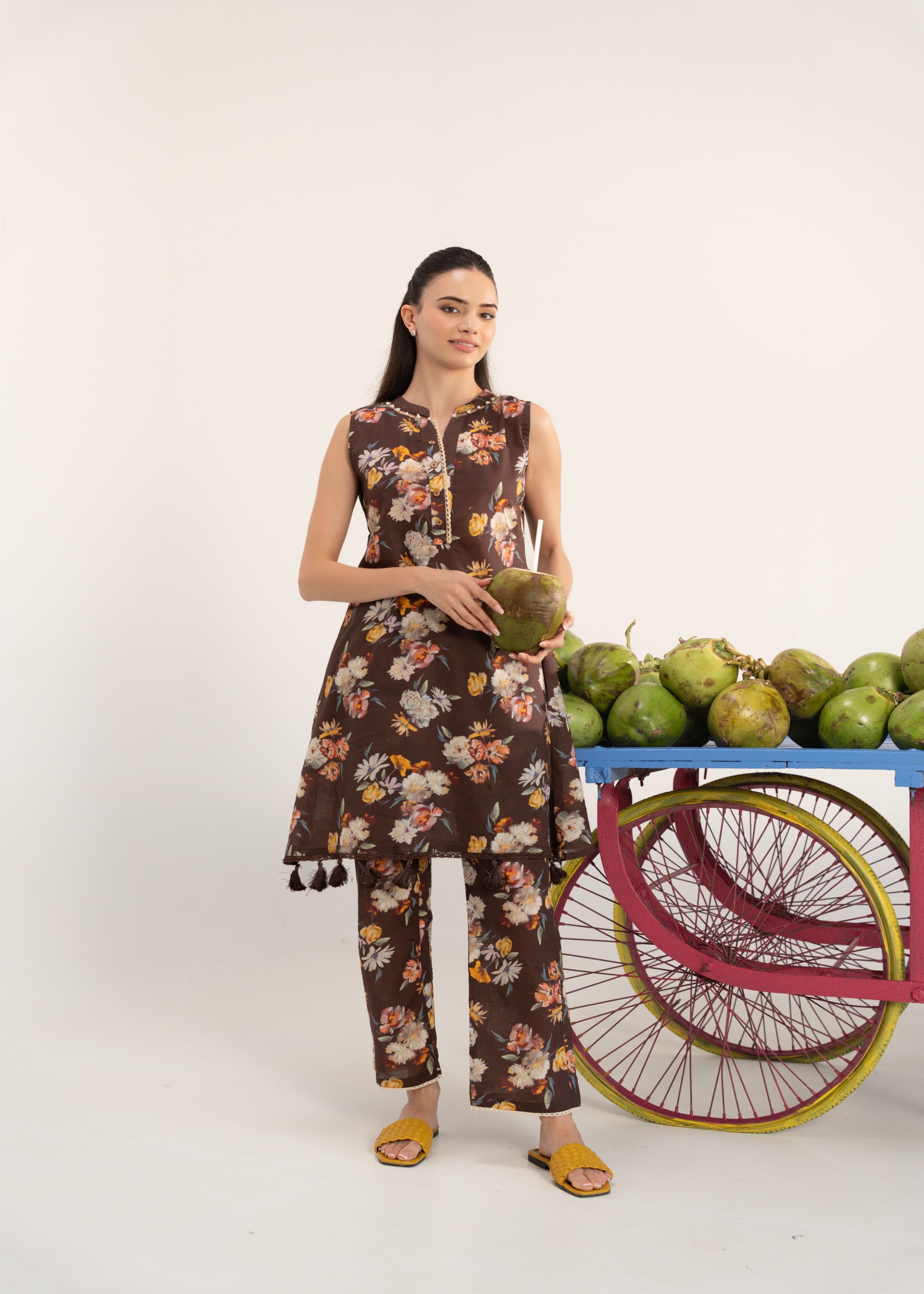 Brown Floral Printed Cotton Co-Ord Set