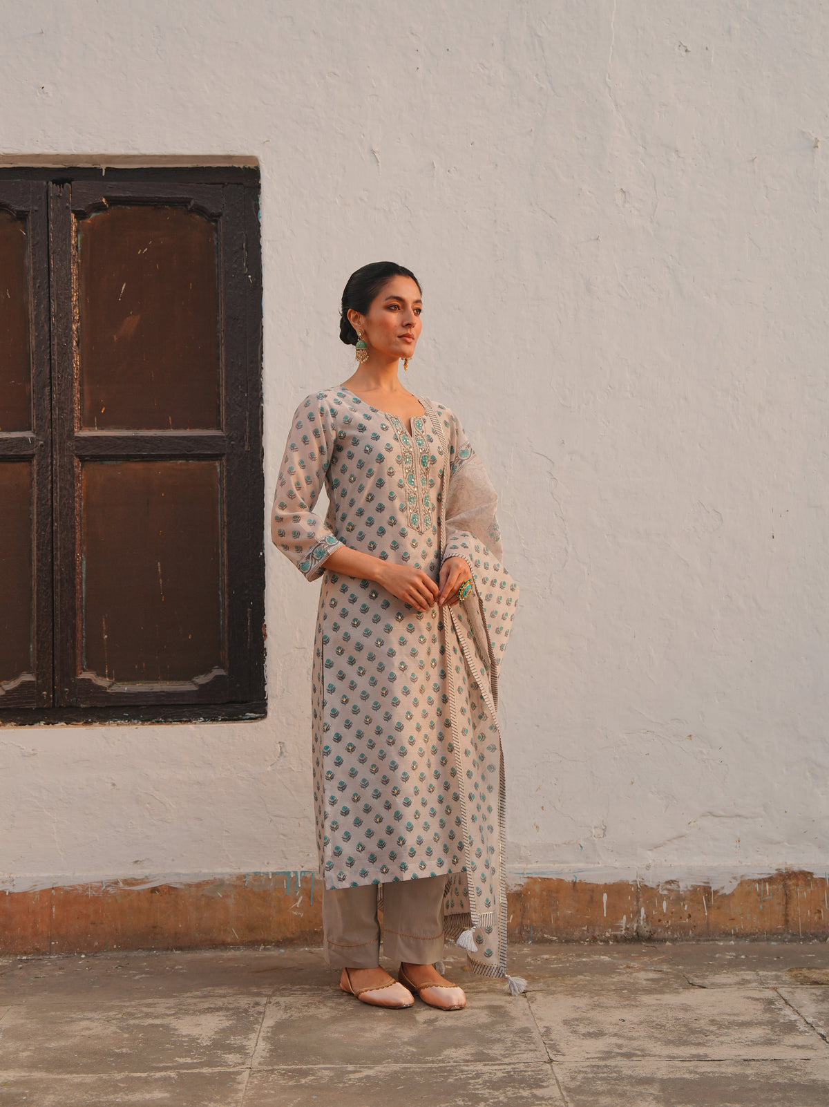 Mist Grey Printed Chanderi Silk Pant Set
