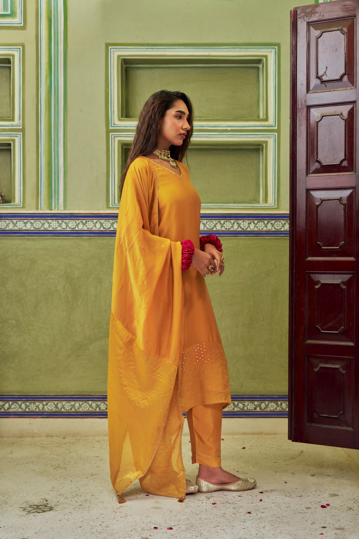 Mustard Yellow Embellished Tabby Silk Pant Set