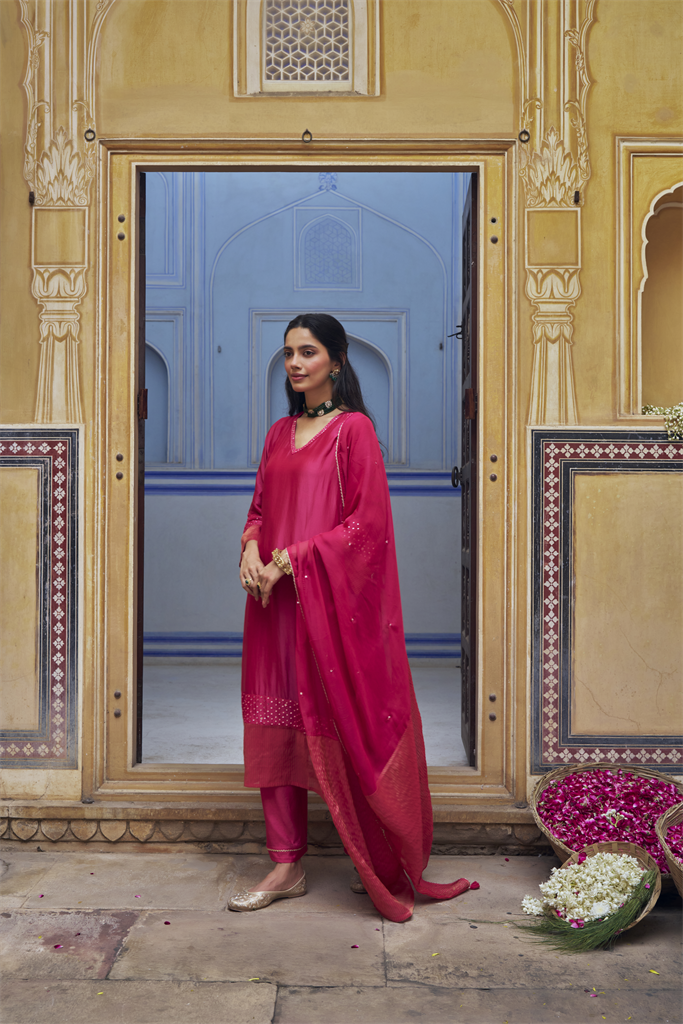 Pink Embellished Pure Tabby Silk A-Line Pant Set