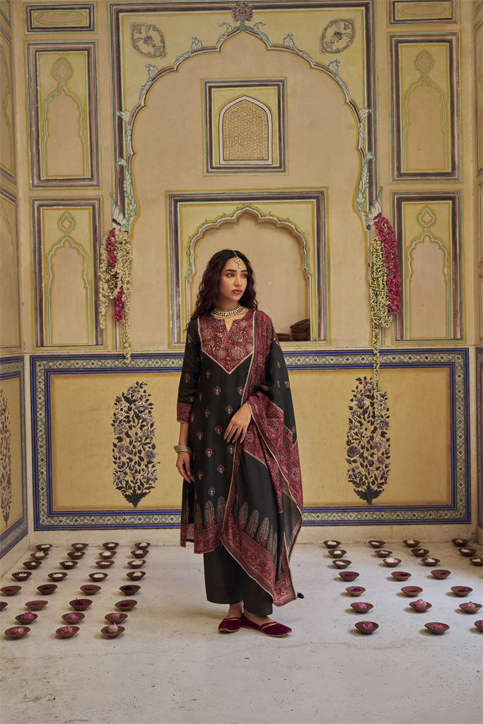 Black Embellished Russian Silk Pant Set