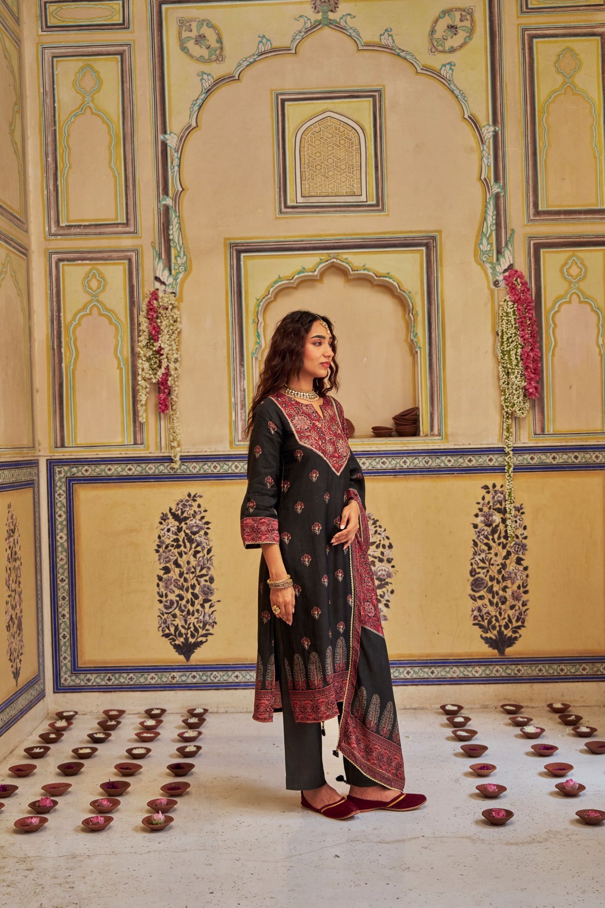 Black Embellished Russian Silk Pant Set