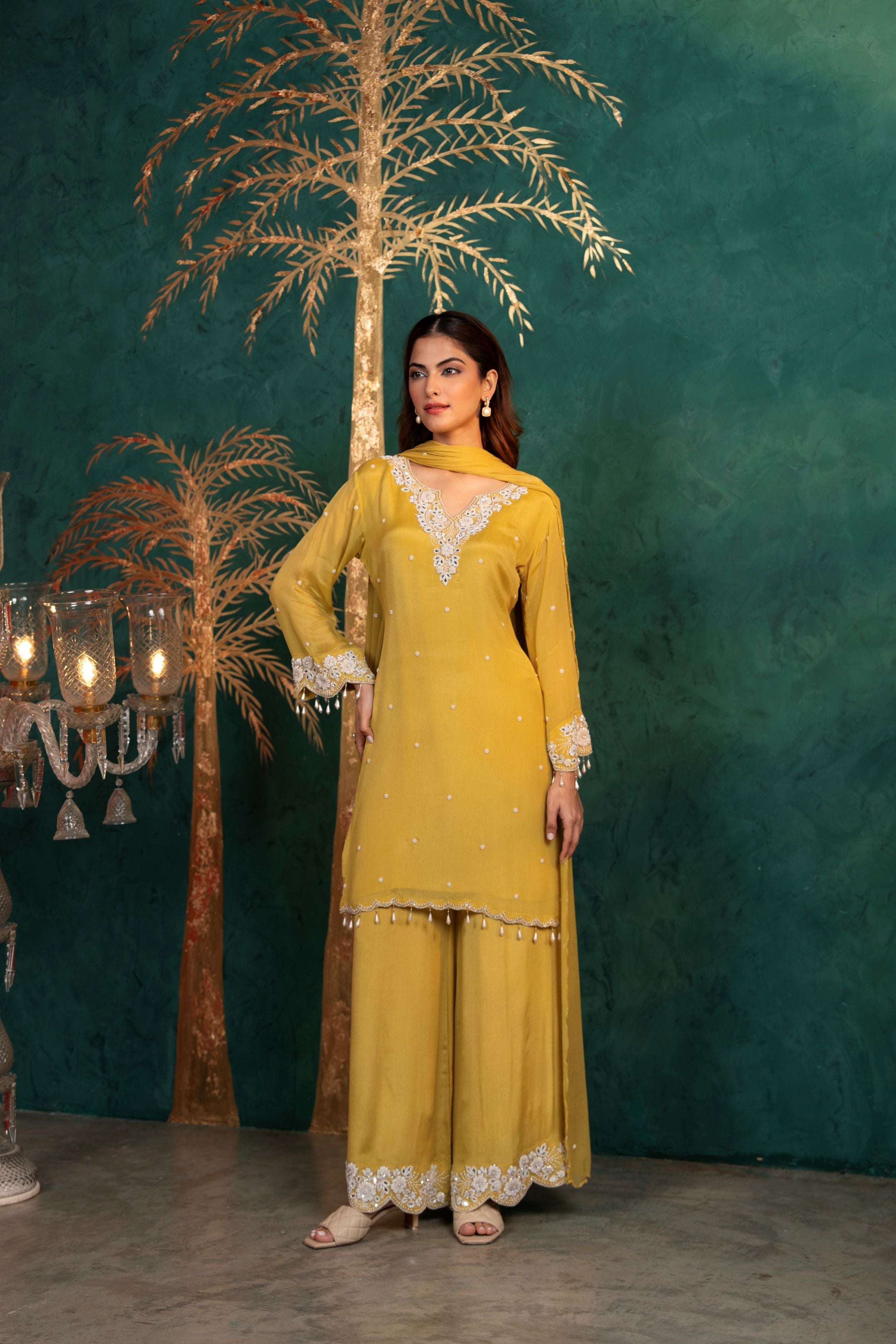Bright Yellow Embellished Chinon Silk Palazzo Set