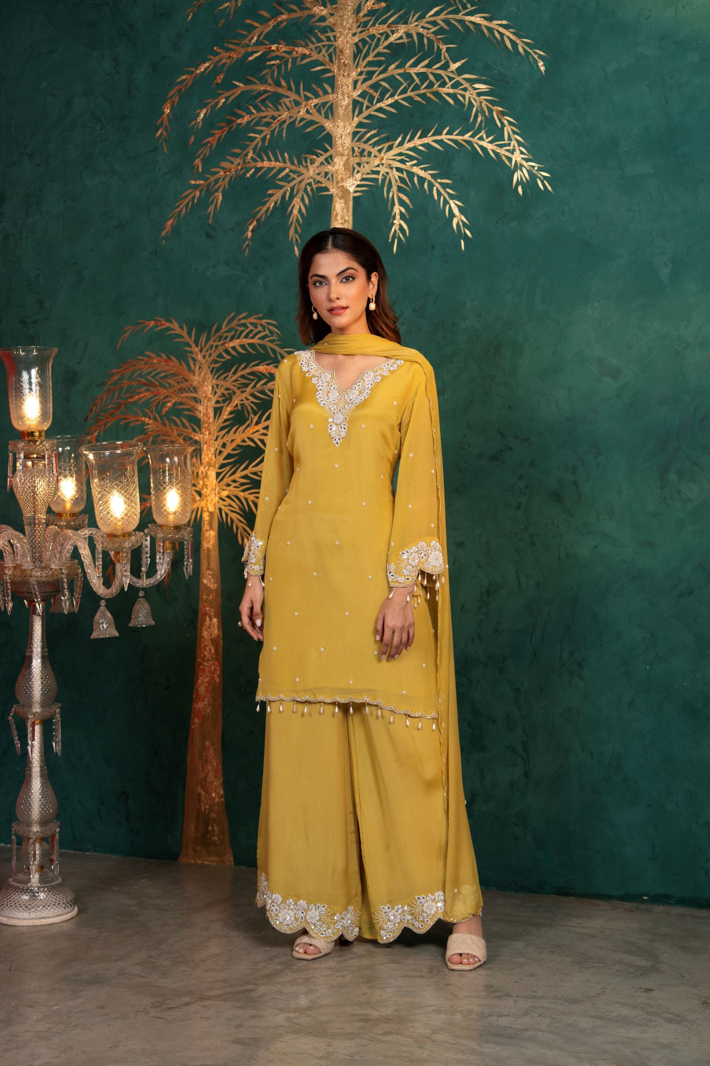 Bright Yellow Embellished Chinon Silk Palazzo Set