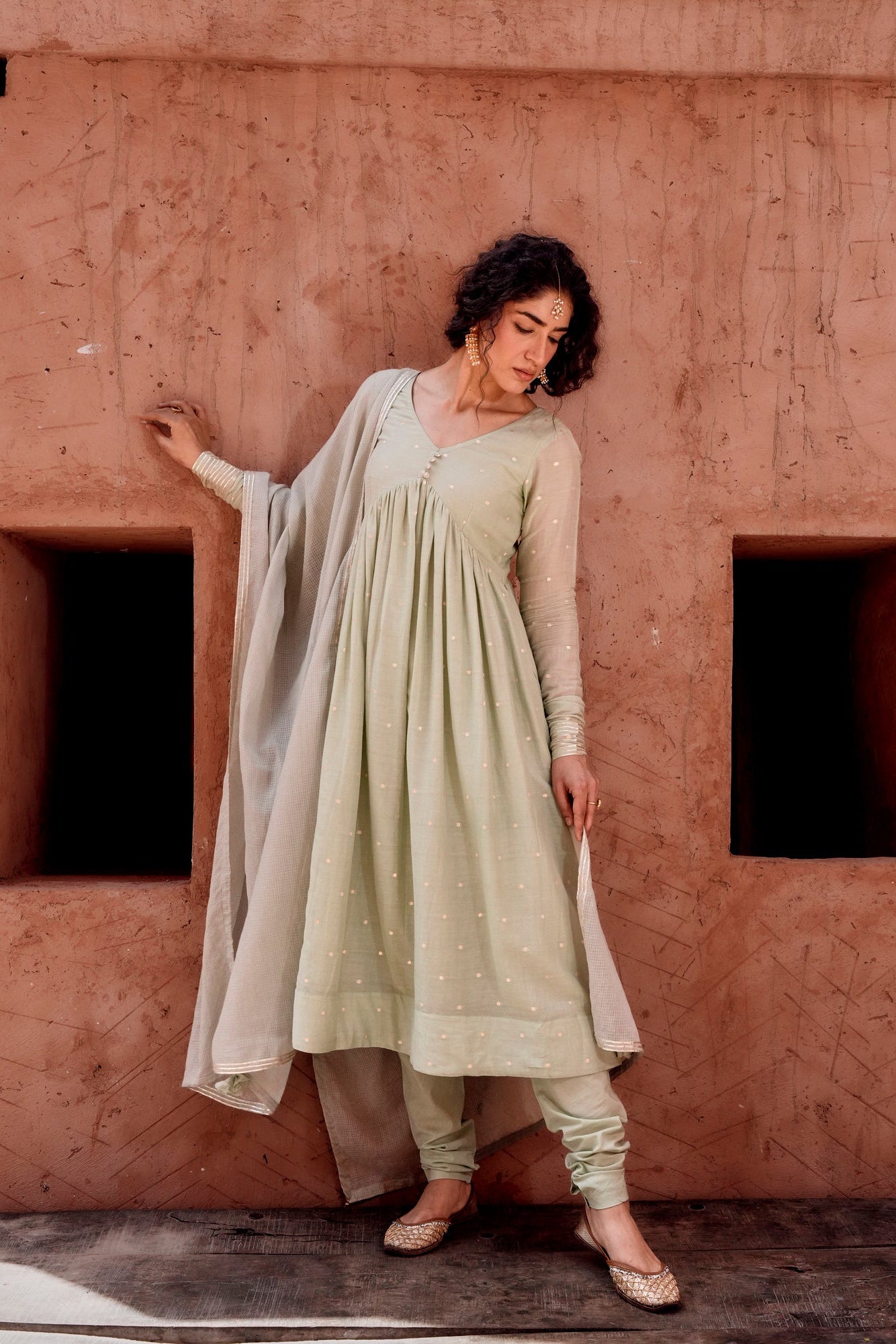 Pista Green Zari Dotted Mul-Cotton Anarkali Set