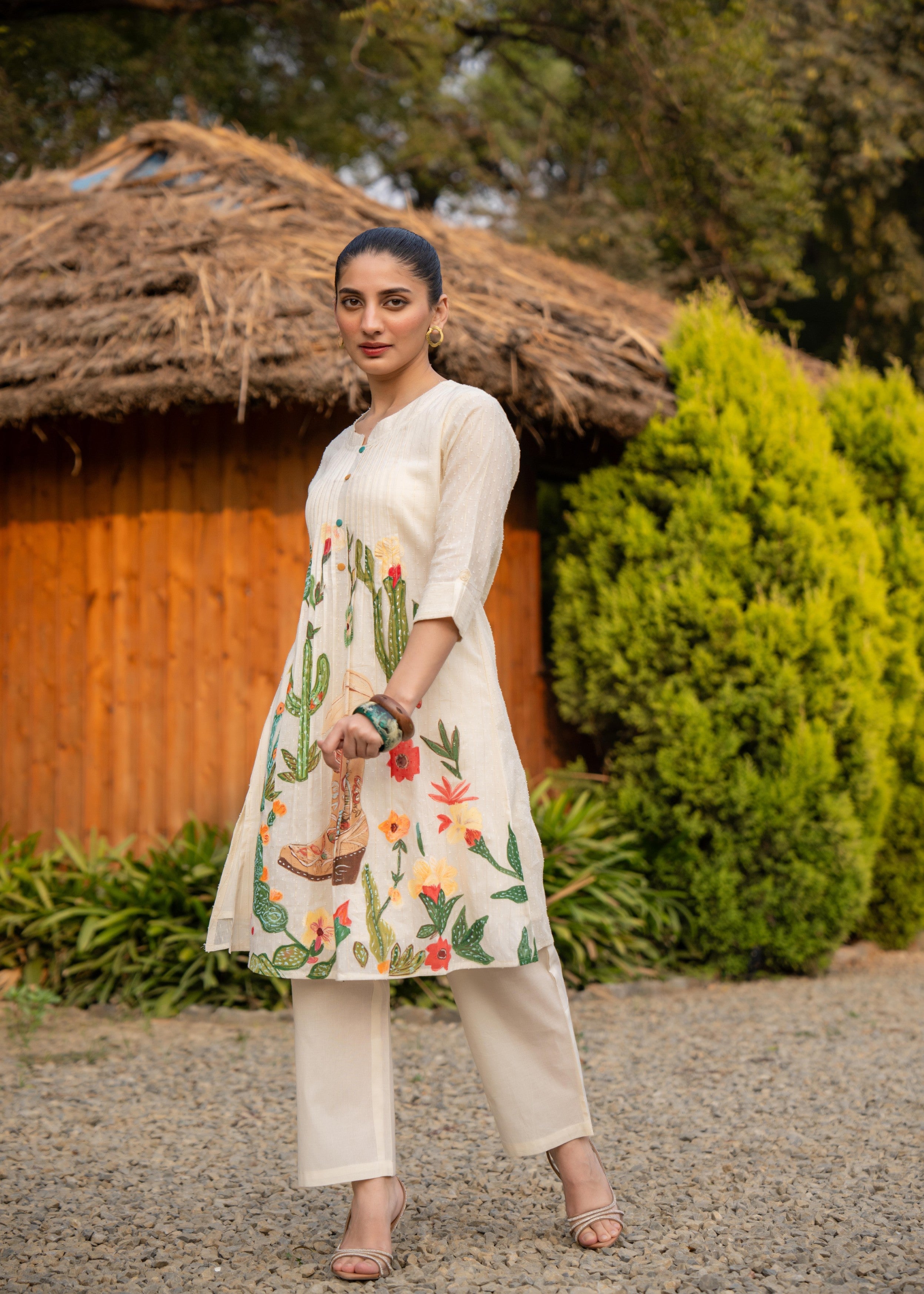 Off-White Western Printed Mul Cotton Kurta Set