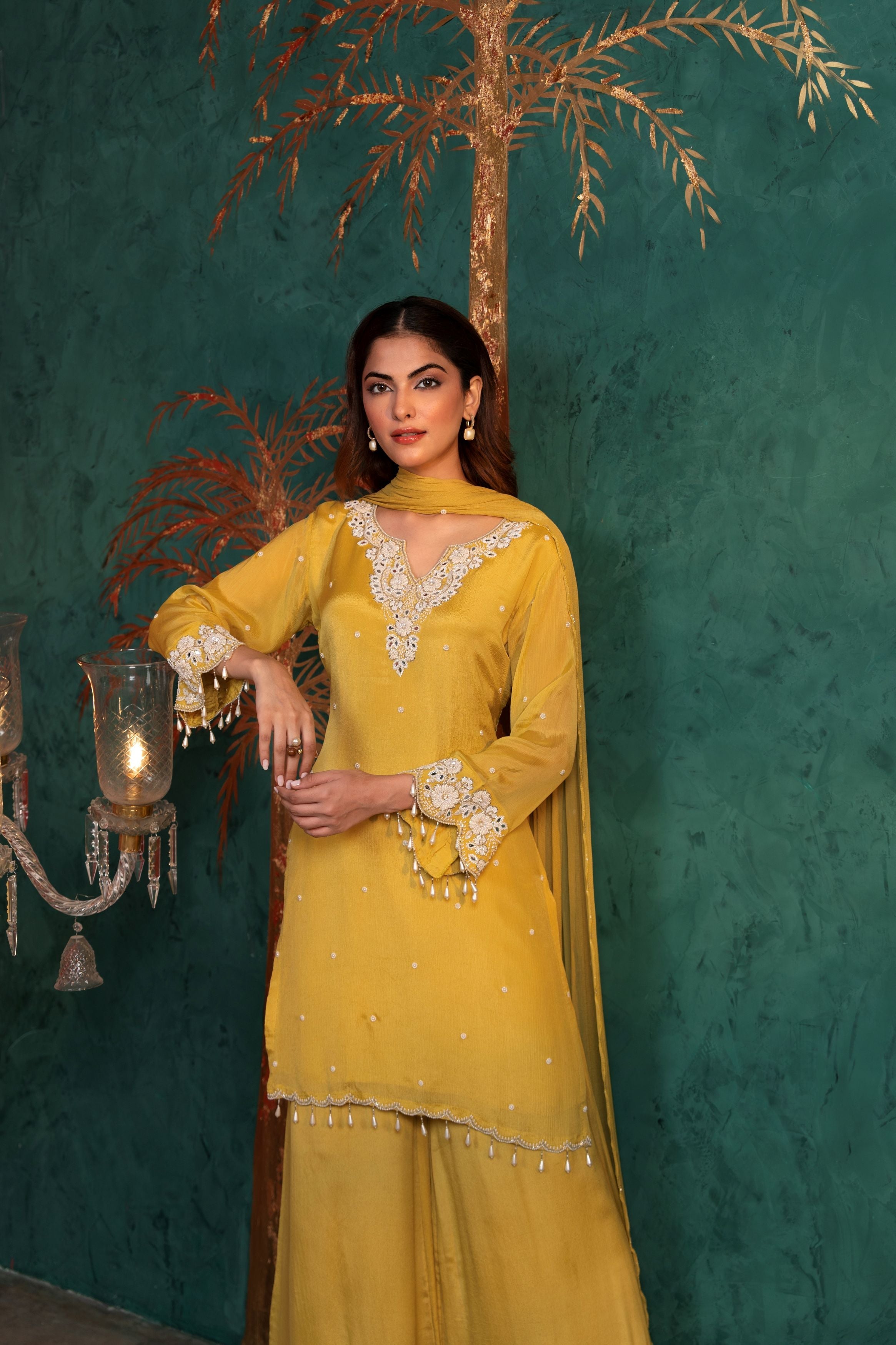Bright Yellow Embellished Chinon Silk Palazzo Set