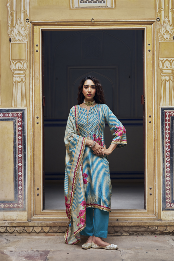 Blue Russian Embellished Silk Stripe Pant Set