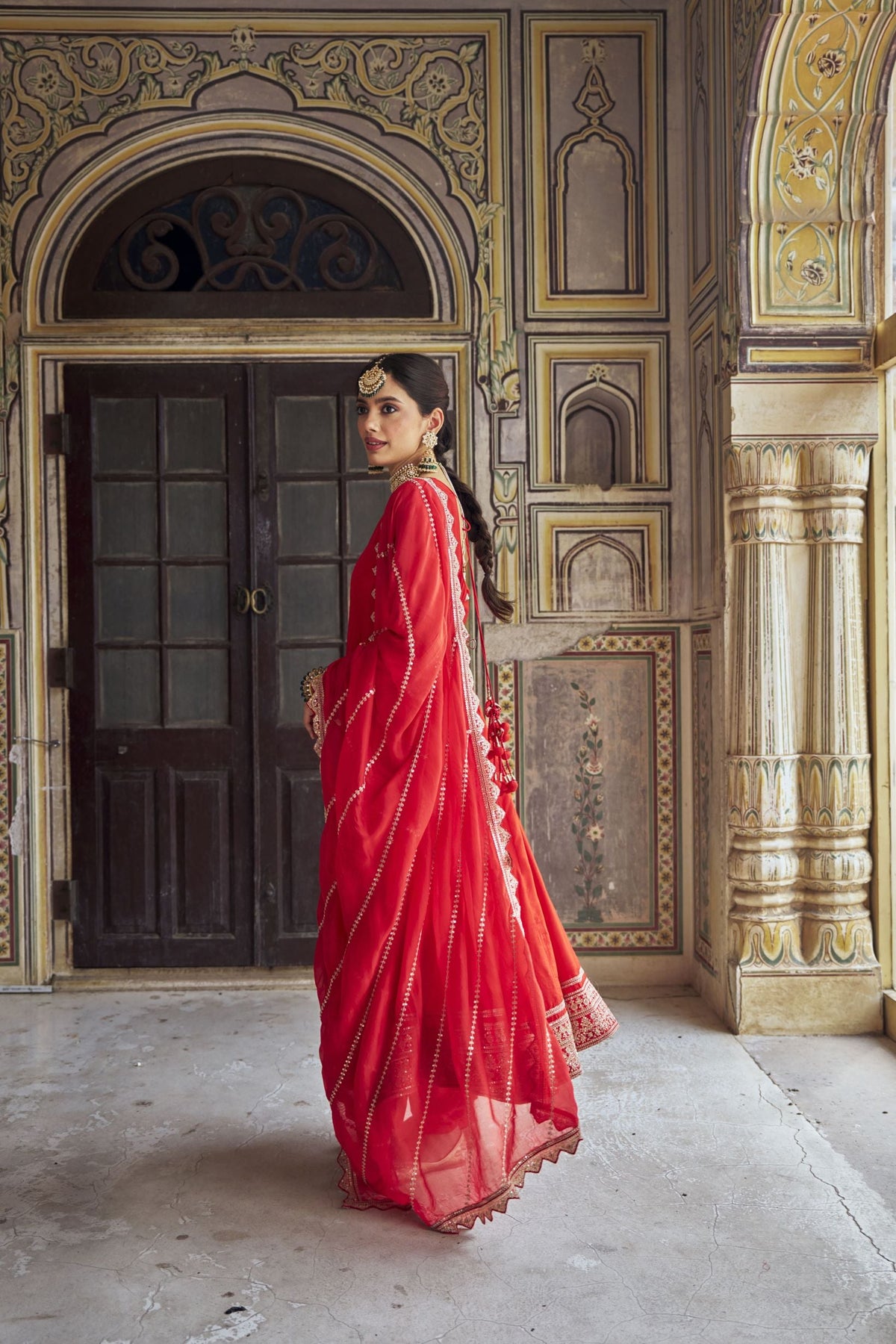 Scarlet Red Embellished Dola Silk Anarkali Set