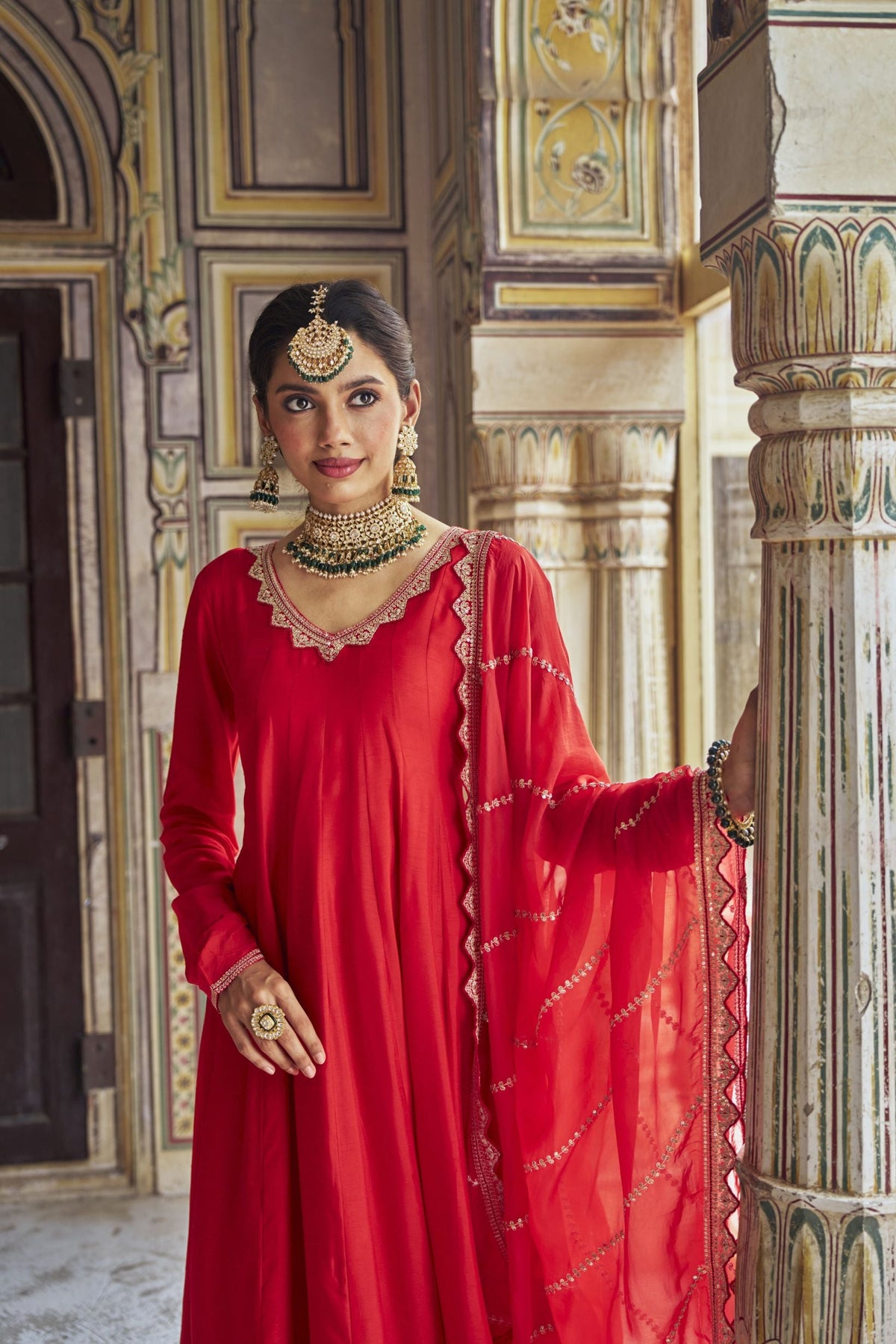 Scarlet Red Embellished Dola Silk Anarkali Set