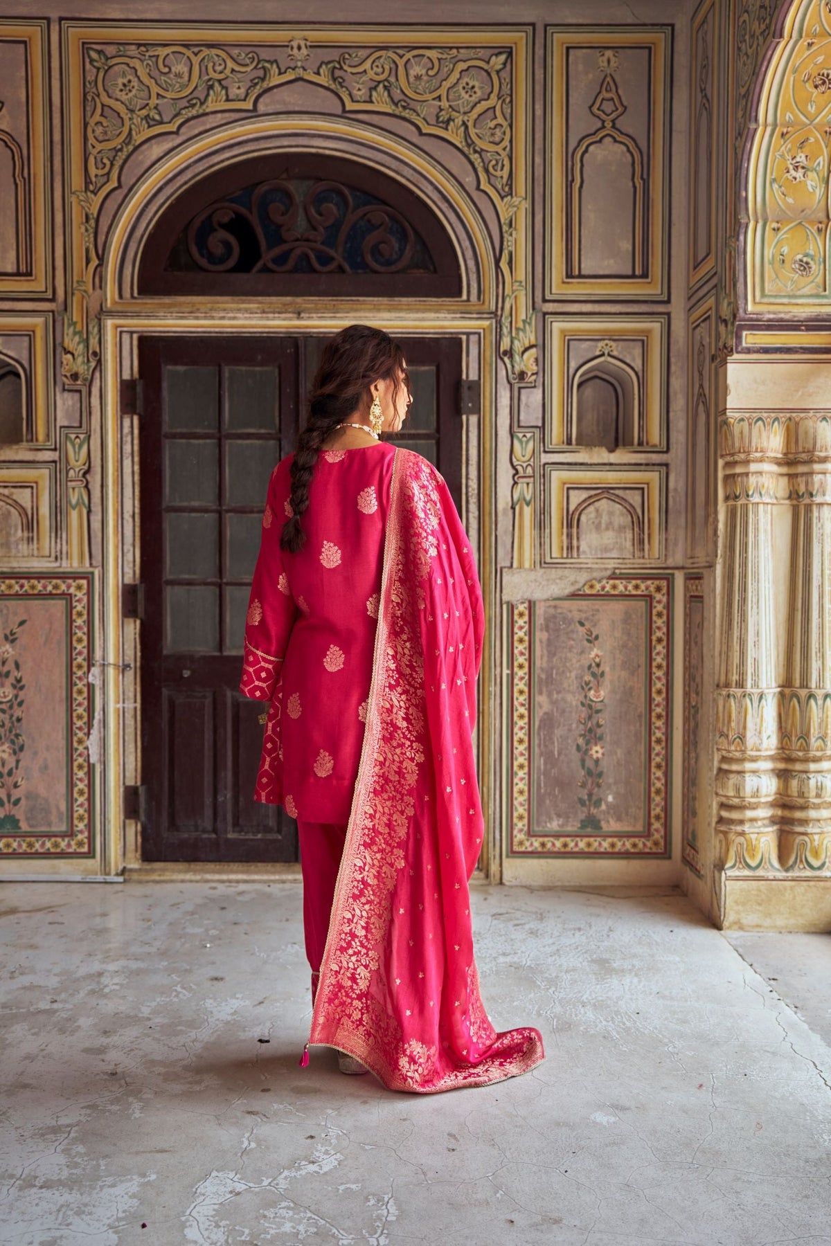 Rani Pink Embellished Banarasi Silk Salwar Set