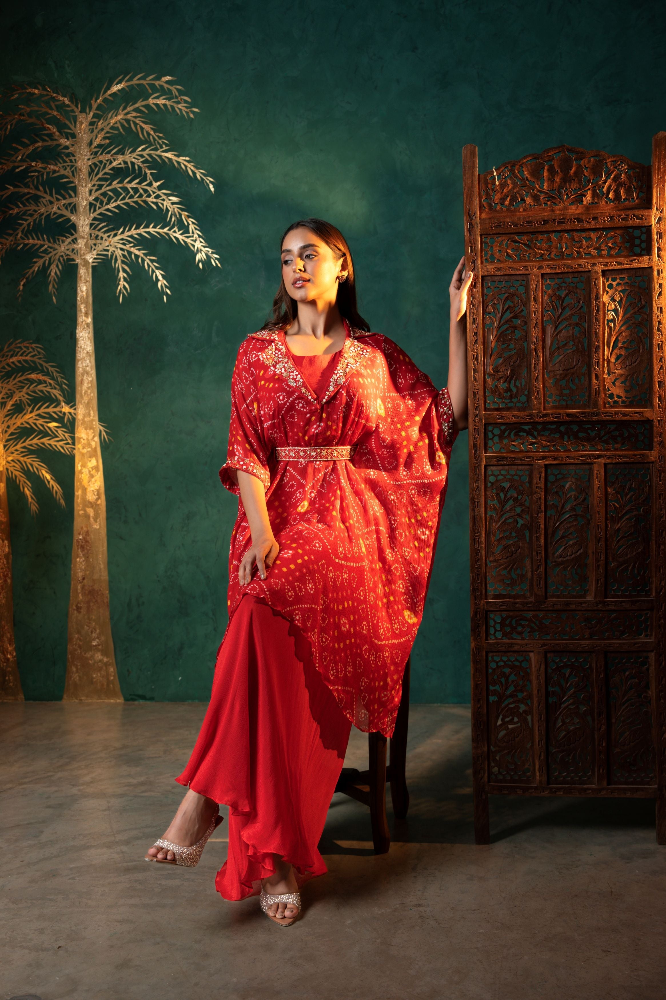 Bright Red Bandhej Chinon Silk Palazzo Set
