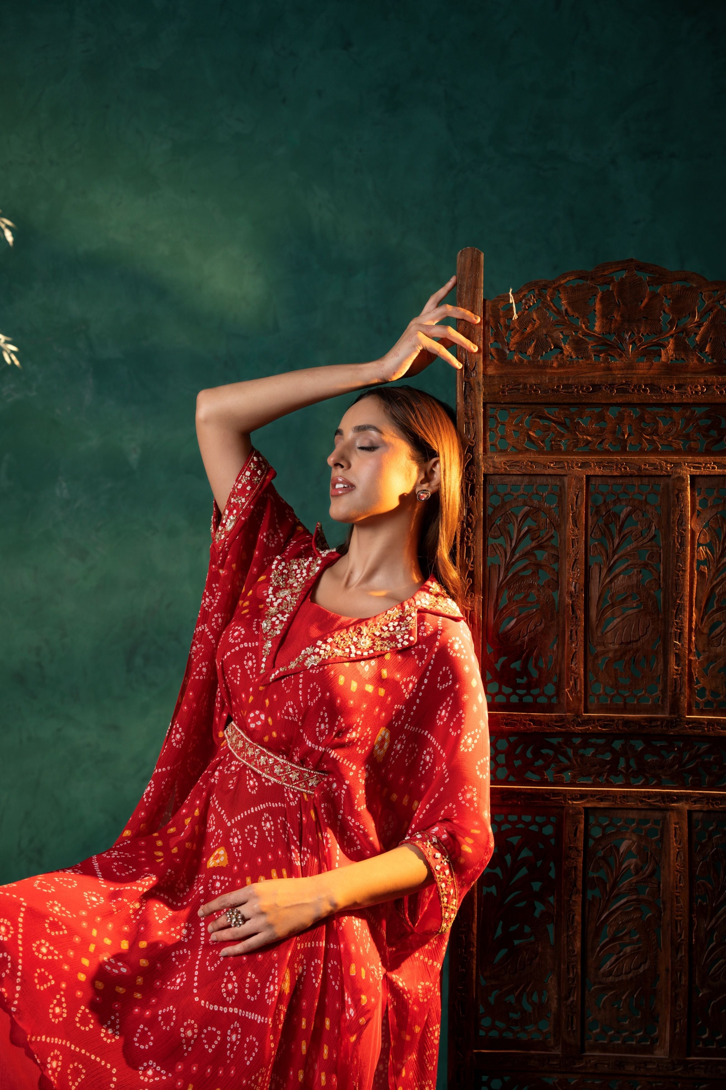 Bright Red Bandhej Chinon Silk Palazzo Set