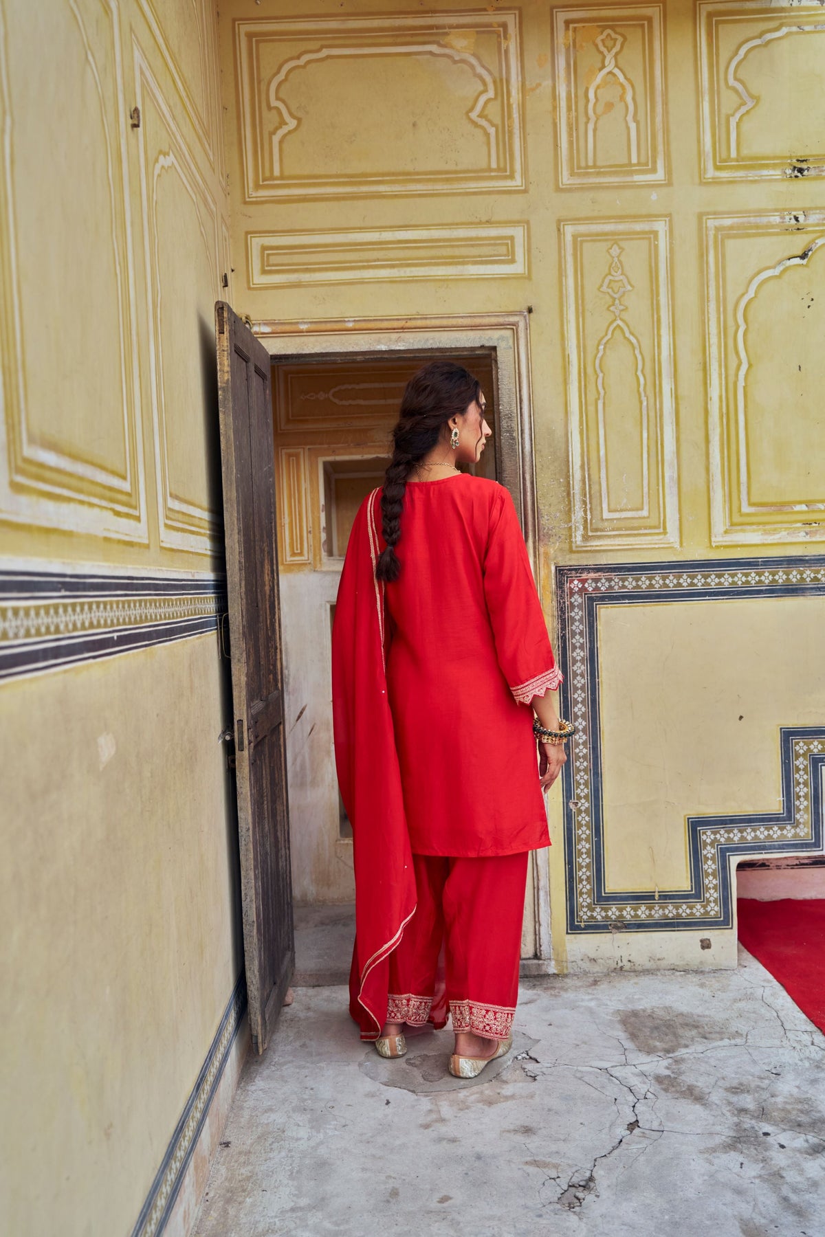 Scarlet Red Embellished Dola Silk Farshi Salwar Set