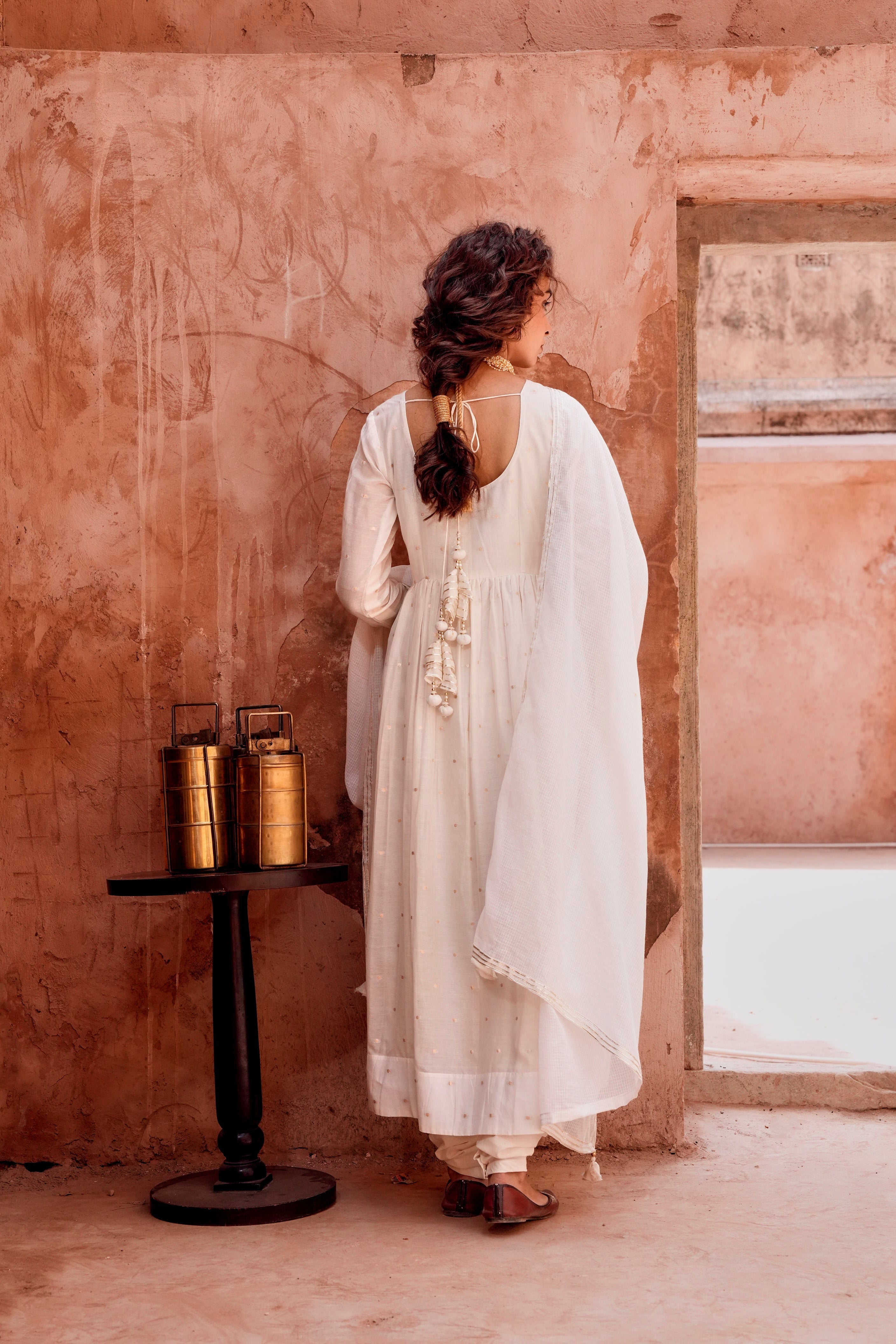 Off-White Zari Dotted Mul-Cotton Anarkali Set