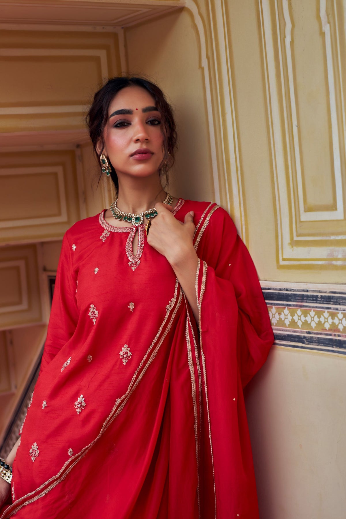 Scarlet Red Embellished Dola Silk Farshi Salwar Set