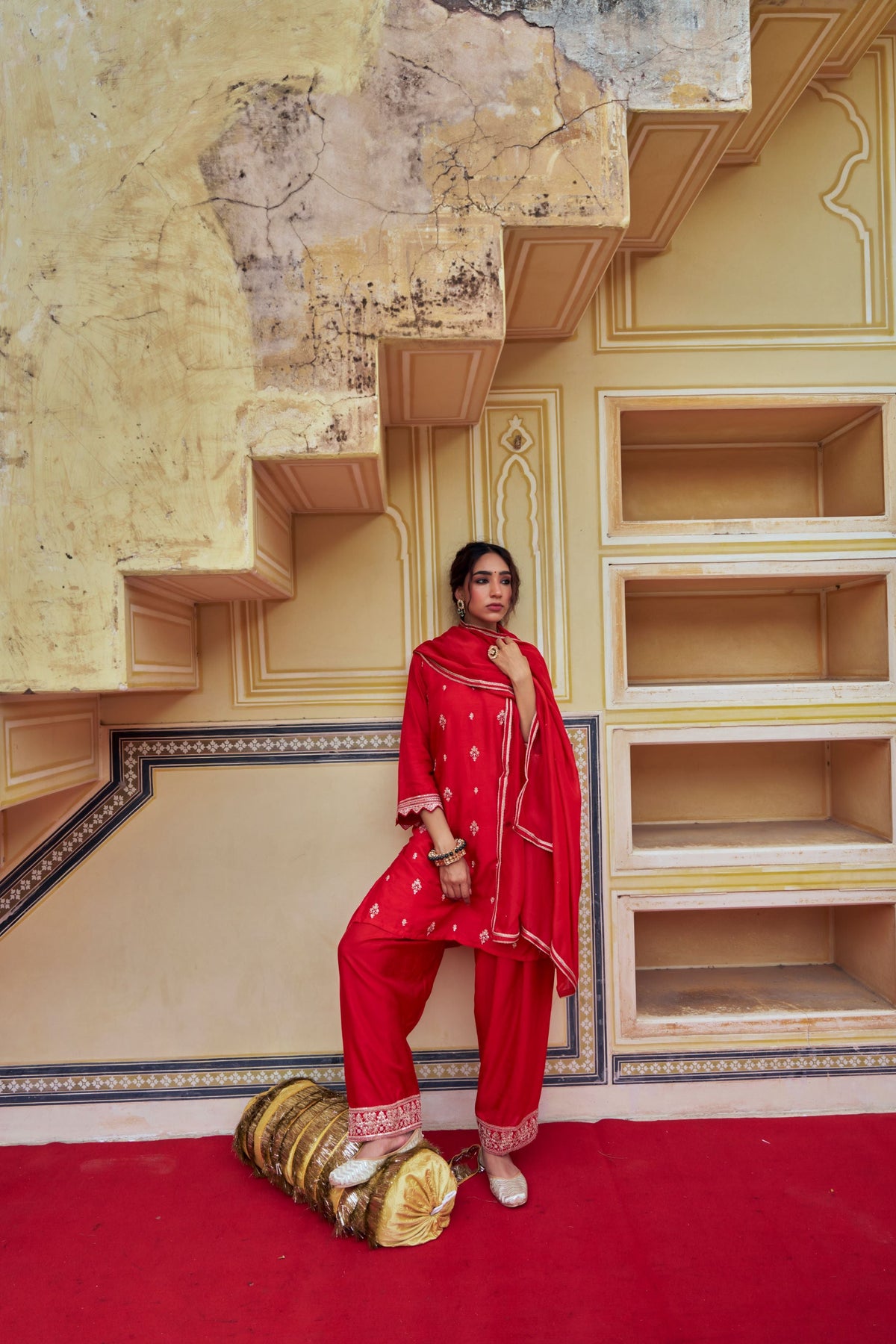 Scarlet Red Embellished Dola Silk Farshi Salwar Set