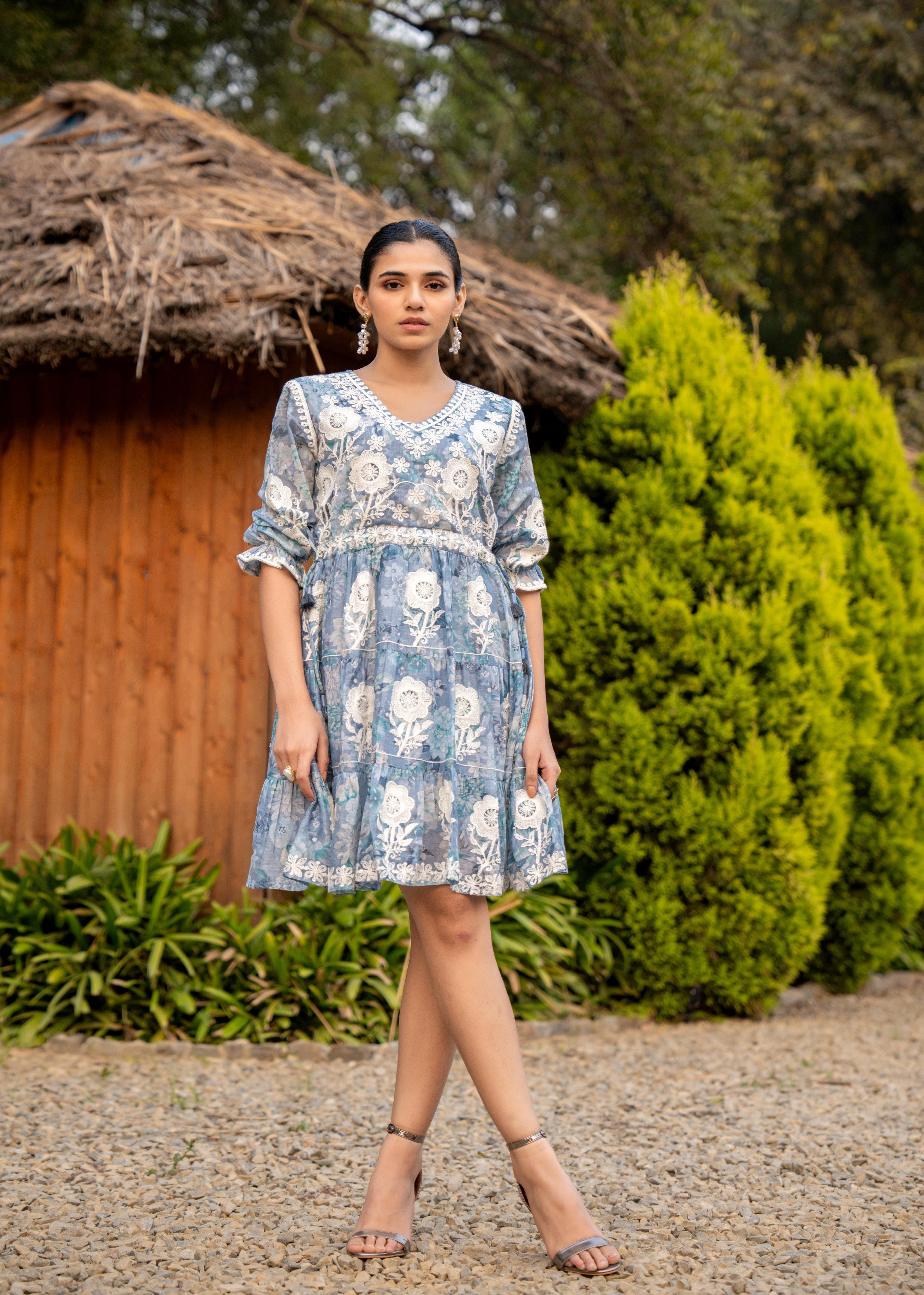 Dusty Blue Floral Embroidered Tiered Dress