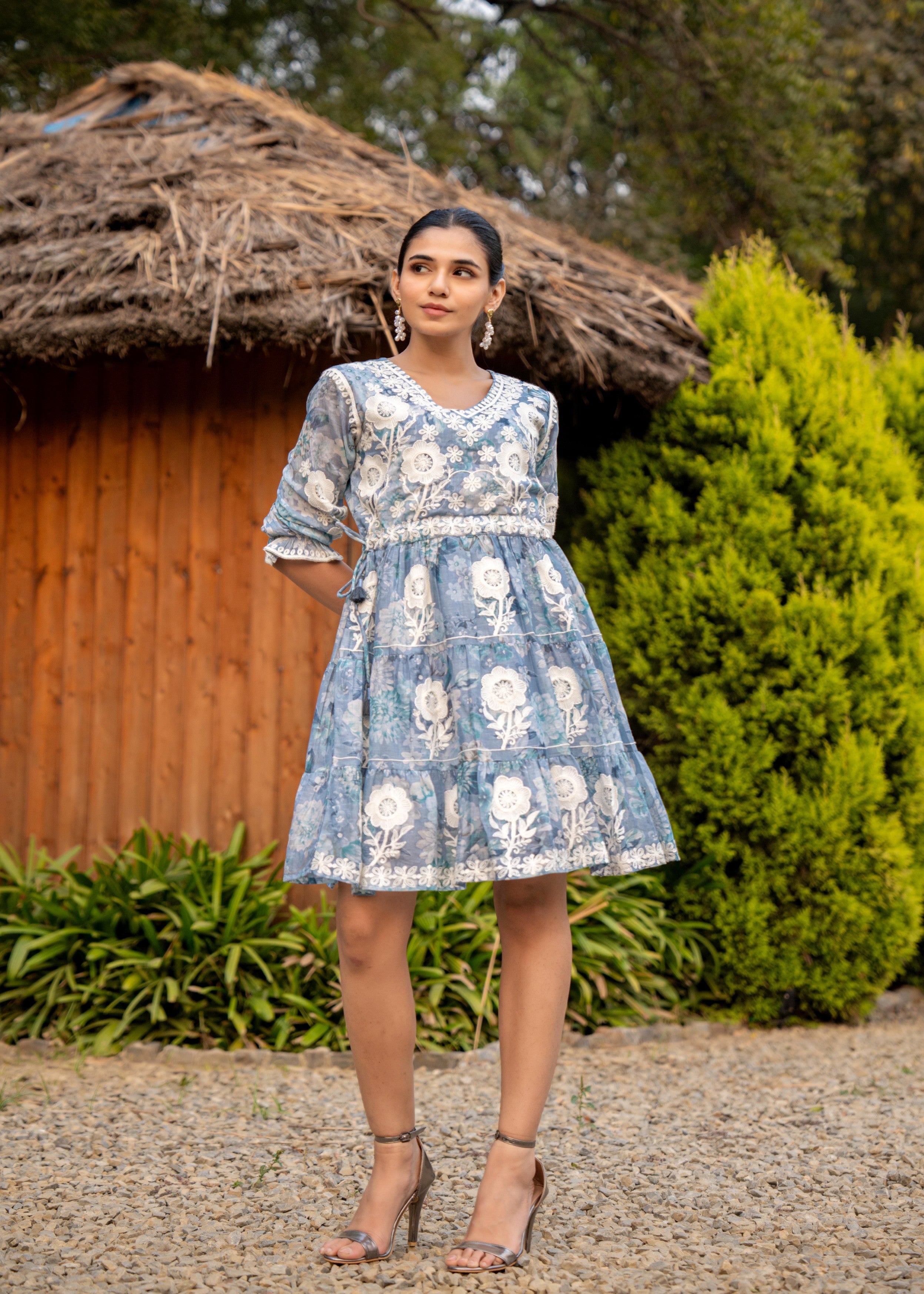 Dusty Blue Floral Embroidered Tiered Dress