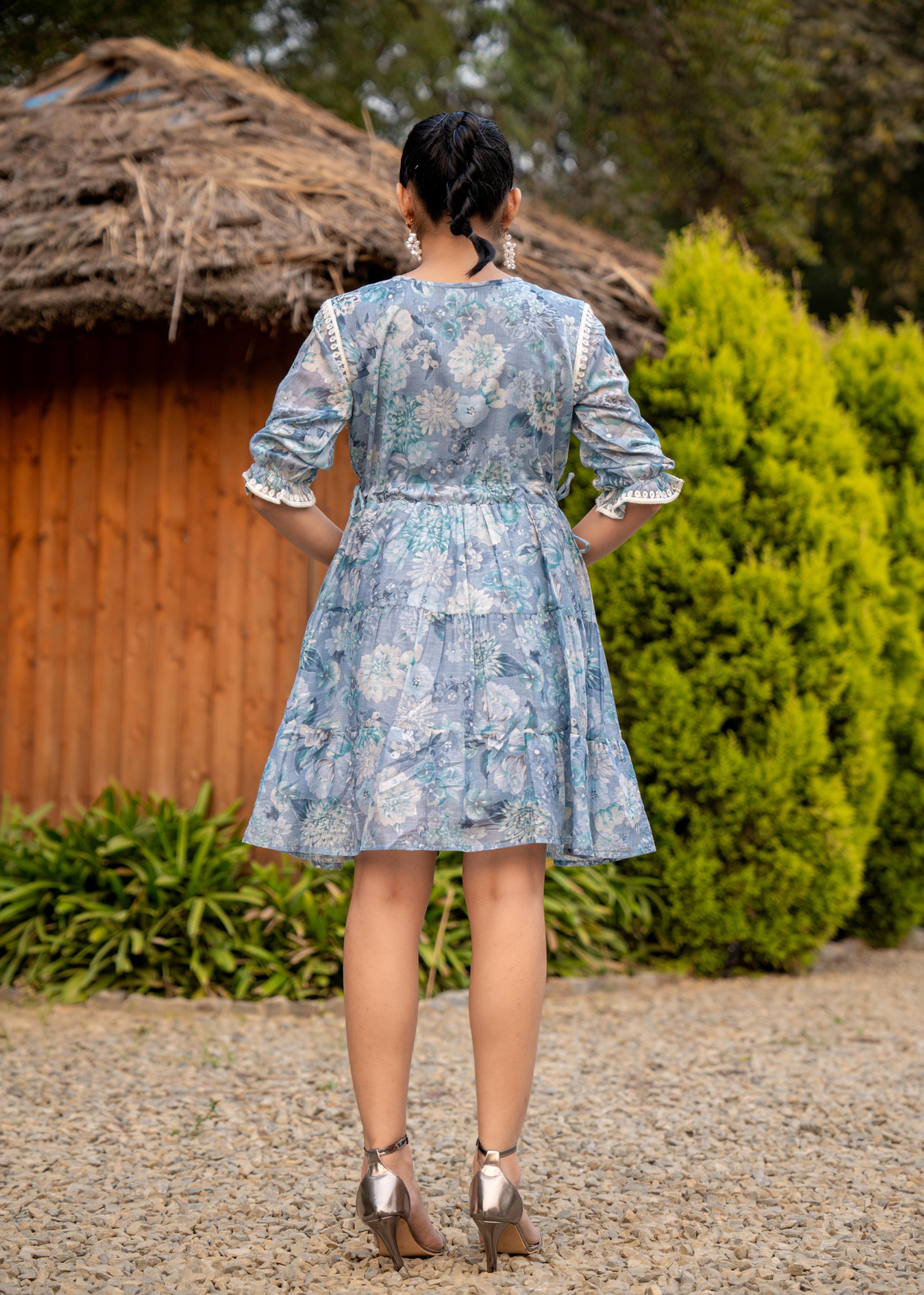 Dusty Blue Floral Embroidered Tiered Dress