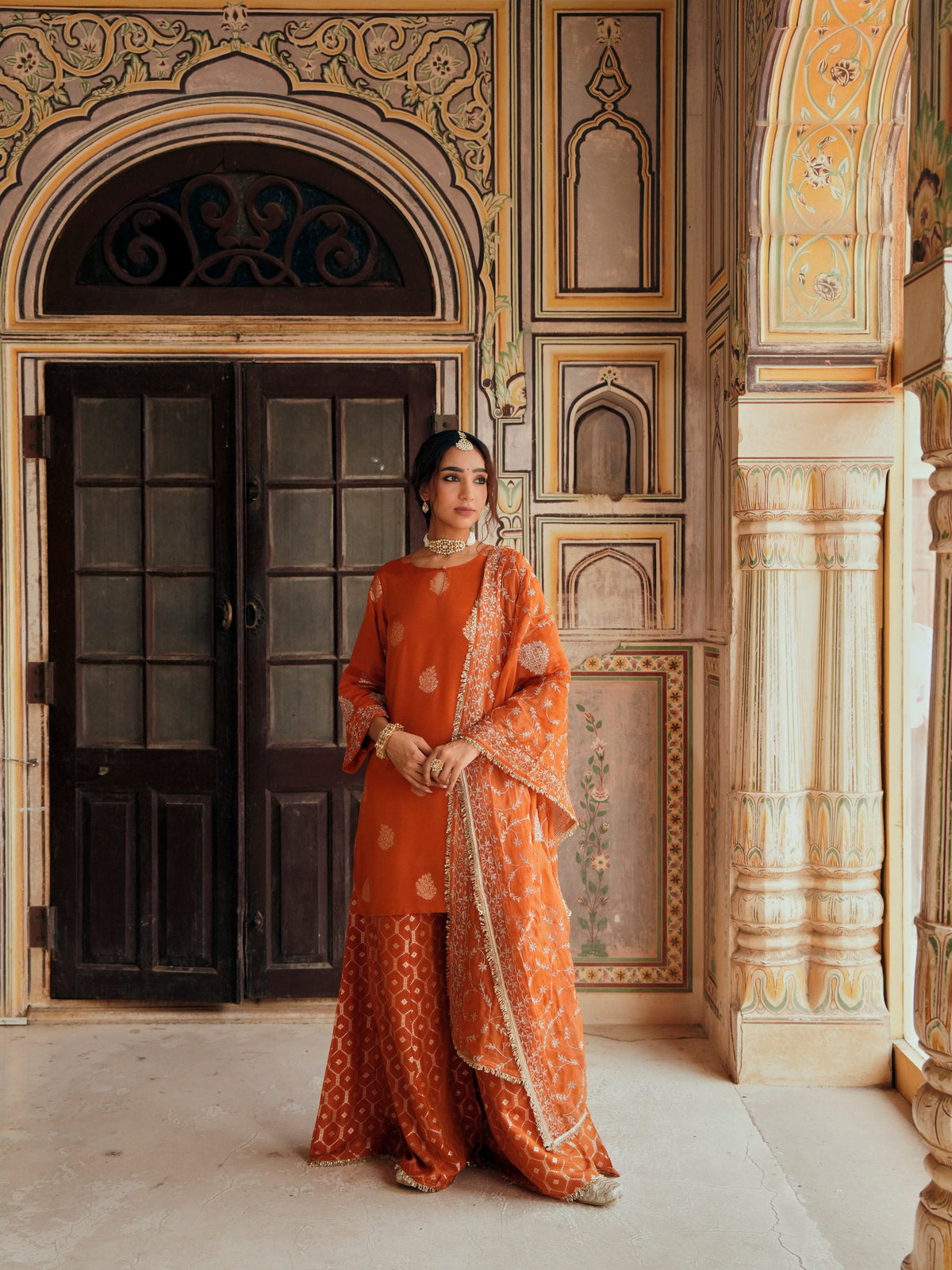 Rust Orange Embellished Pure Banarasi Sharara Set